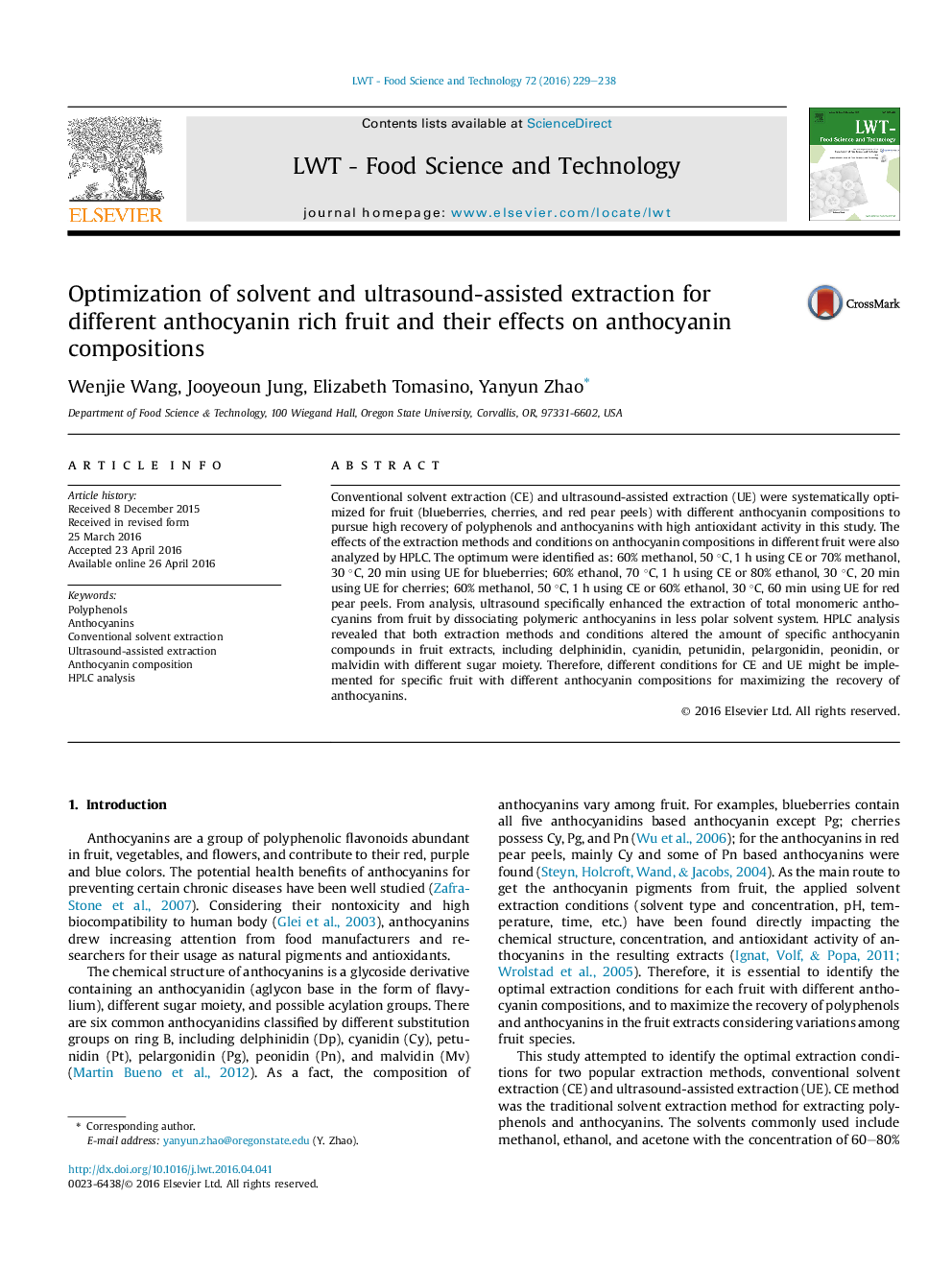 Optimization of solvent and ultrasound-assisted extraction for different anthocyanin rich fruit and their effects on anthocyanin compositions