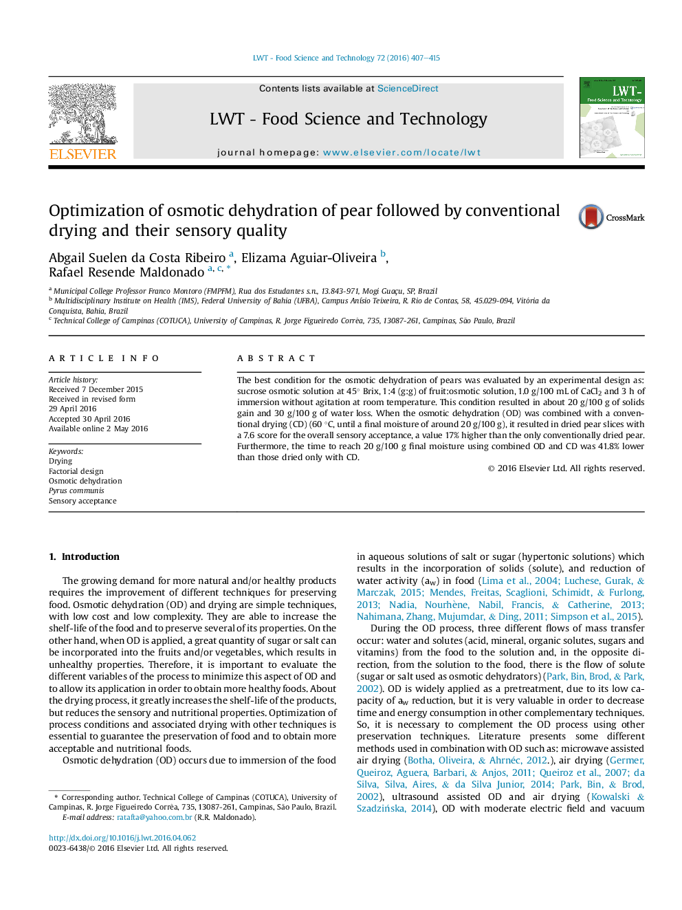 Optimization of osmotic dehydration of pear followed by conventional drying and their sensory quality