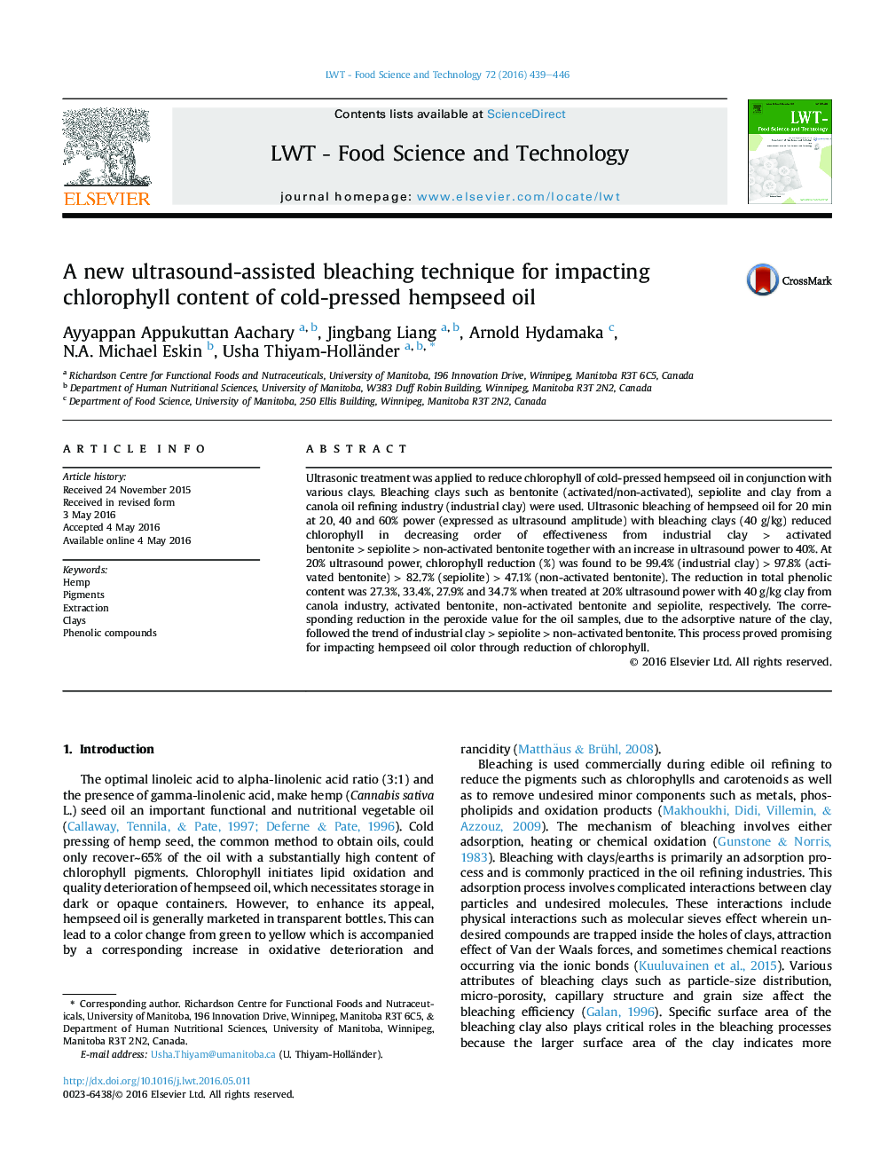 A new ultrasound-assisted bleaching technique for impacting chlorophyll content of cold-pressed hempseed oil