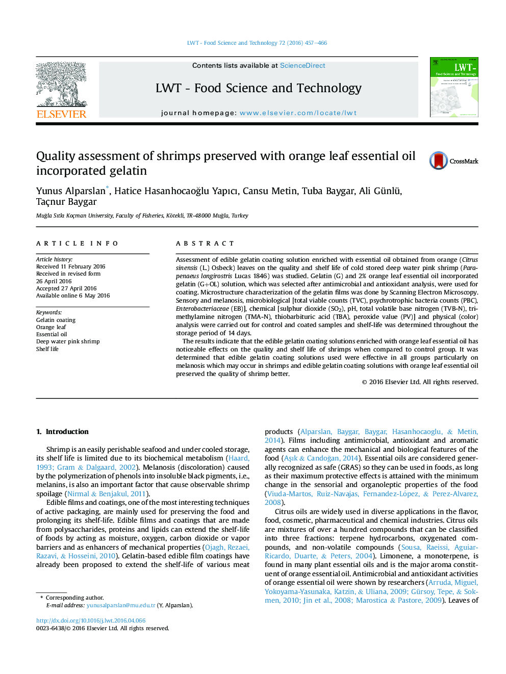 Quality assessment of shrimps preserved with orange leaf essential oil incorporated gelatin