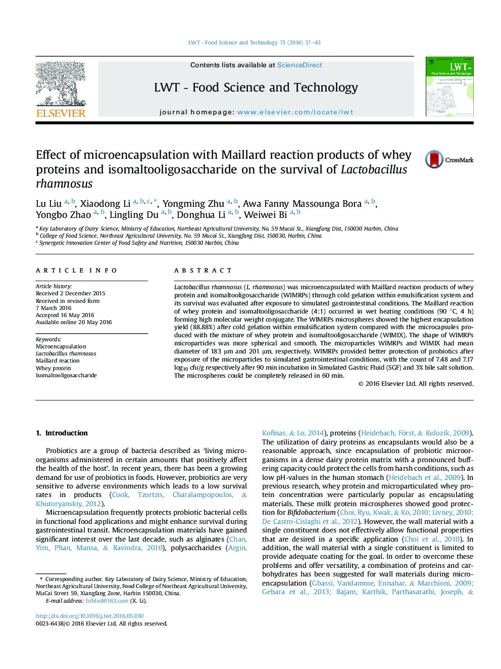 Effect of microencapsulation with Maillard reaction products of whey proteins and isomaltooligosaccharide on the survival of Lactobacillus rhamnosus