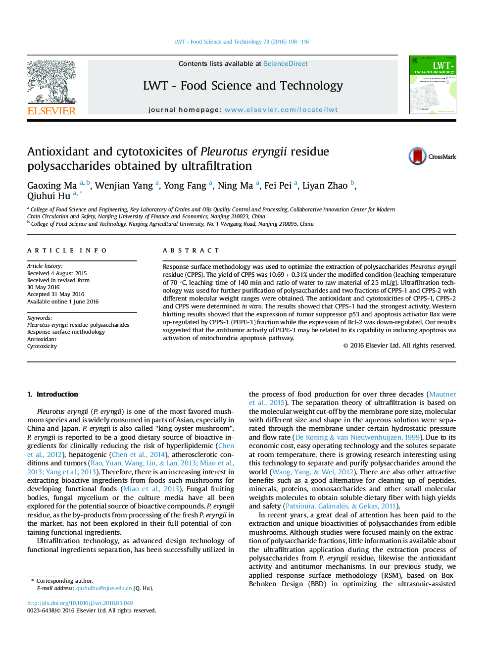 عکس صفحه اول مقاله: Antioxidant and cytotoxicites of Pleurotus eryngii residue polysaccharides obtained by ultrafiltration Antioxidant and cytotoxicites of Pleurotus eryngii residue polysaccharides obtained by ultrafiltration