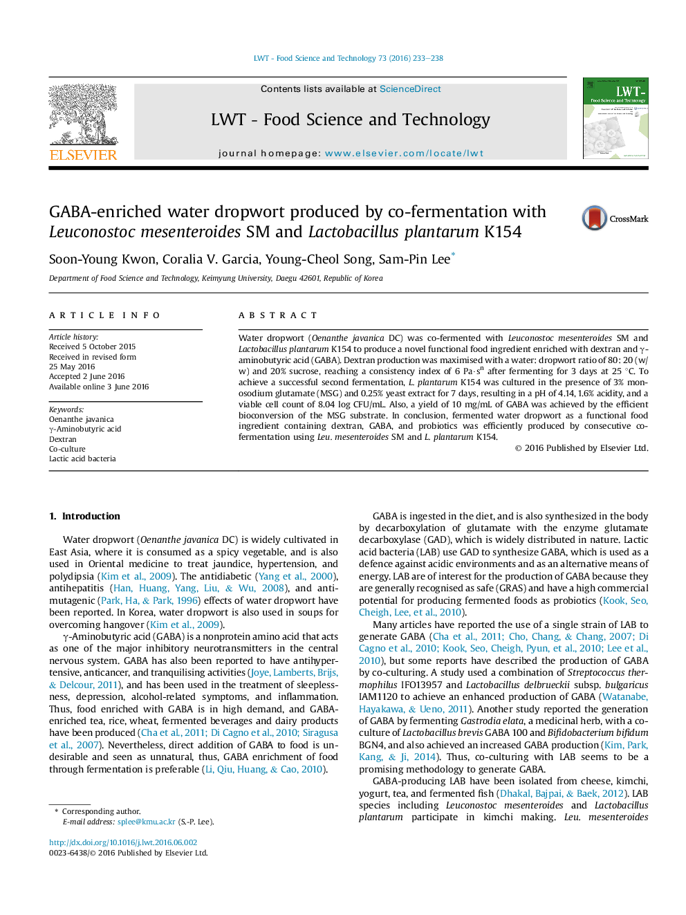 GABA-enriched water dropwort produced by co-fermentation with Leuconostoc mesenteroides SM and Lactobacillus plantarum K154