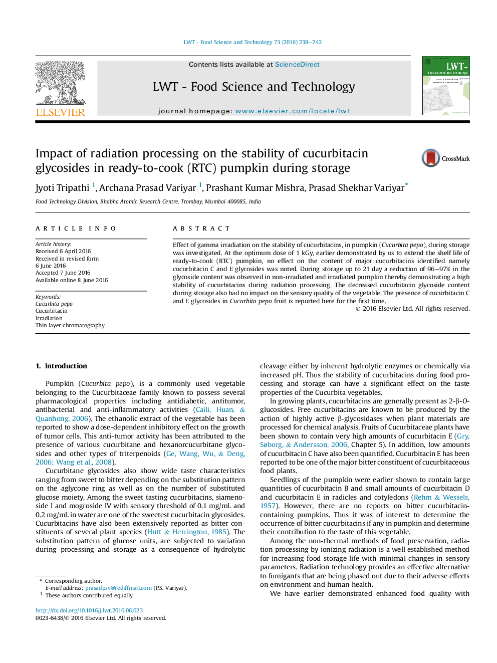 Impact of radiation processing on the stability of cucurbitacin glycosides in ready-to-cook (RTC) pumpkin during storage