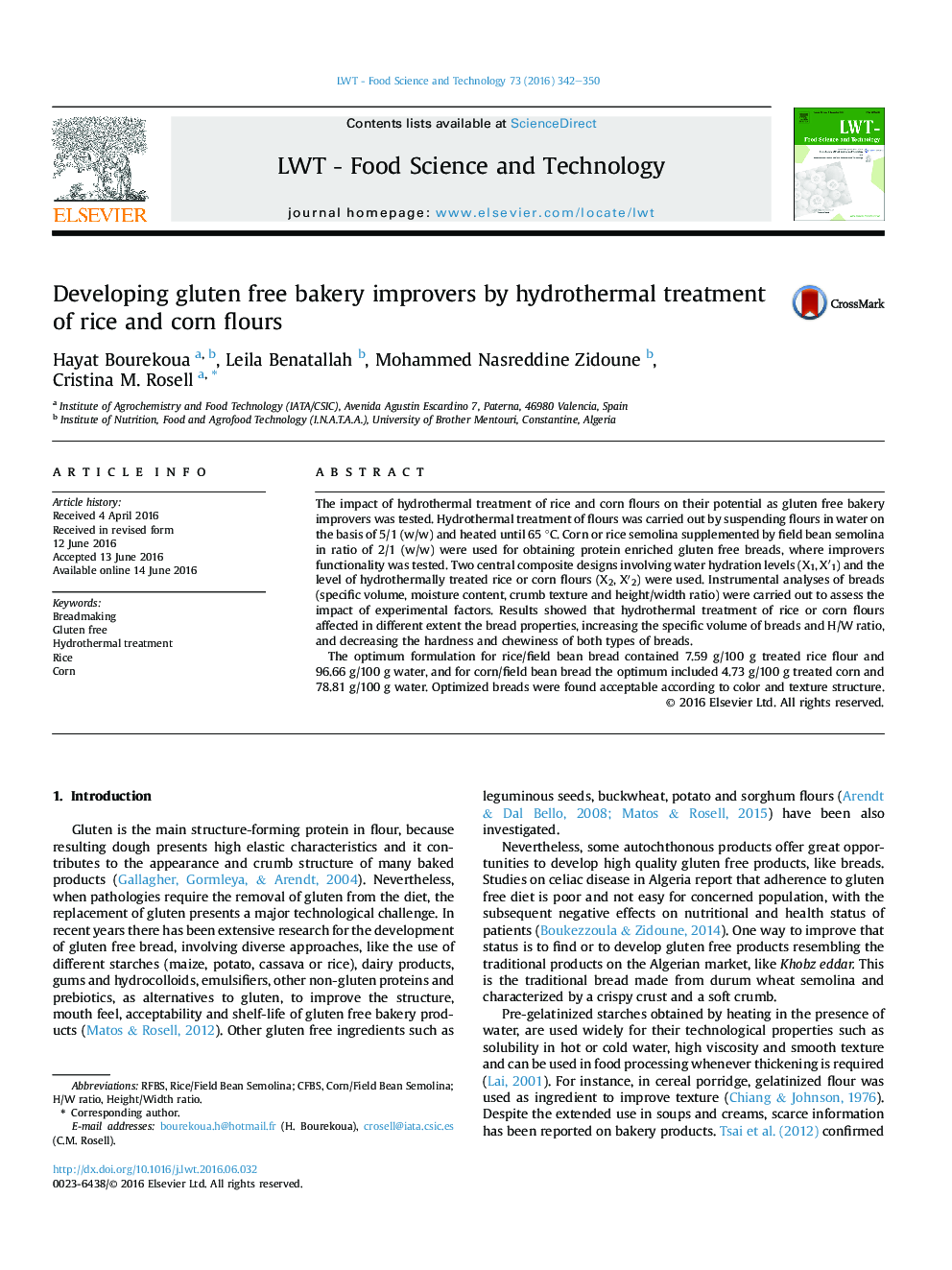 Developing gluten free bakery improvers by hydrothermal treatment of rice and corn flours