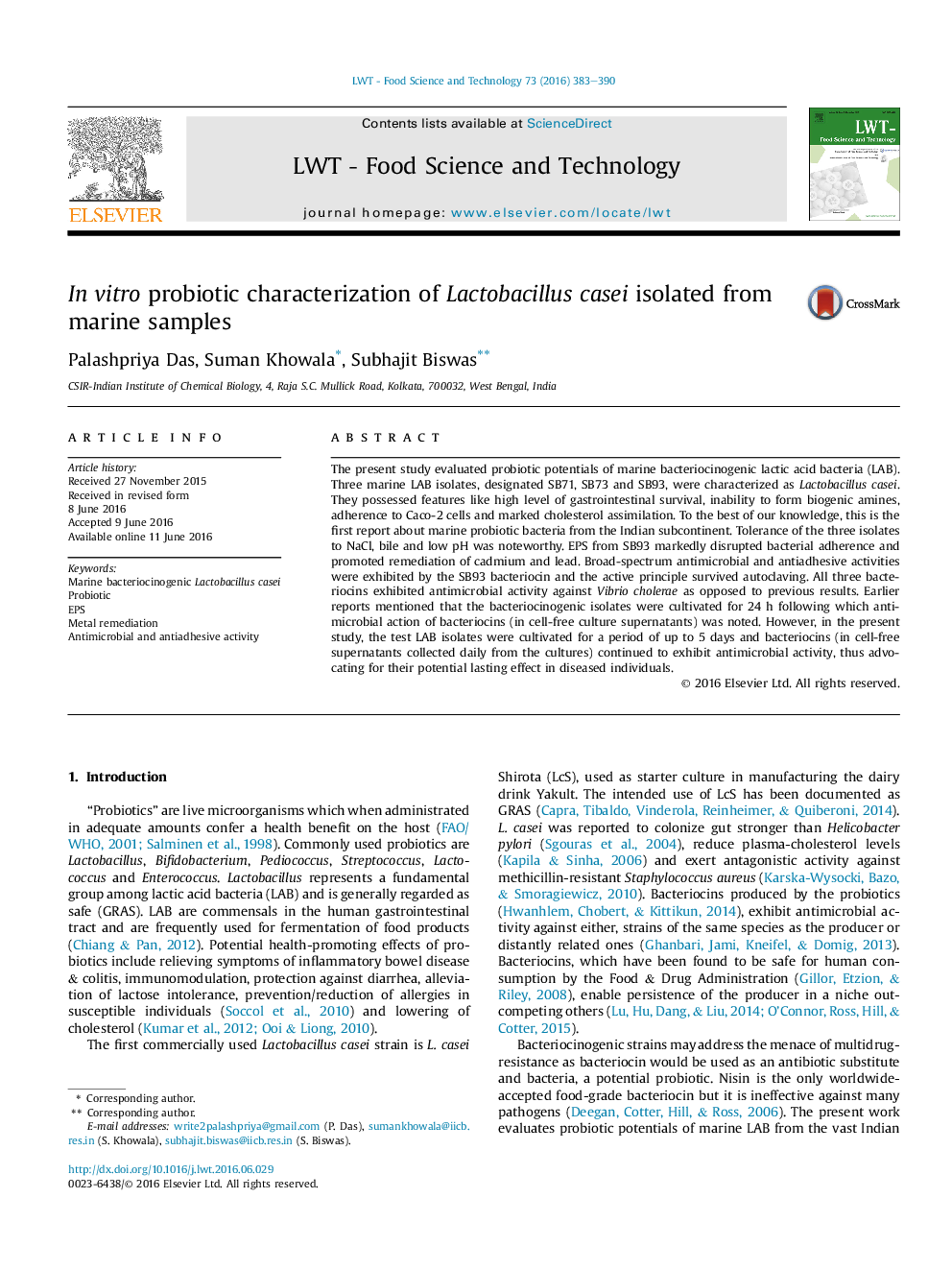 In vitro probiotic characterization of Lactobacillus casei isolated from marine samples