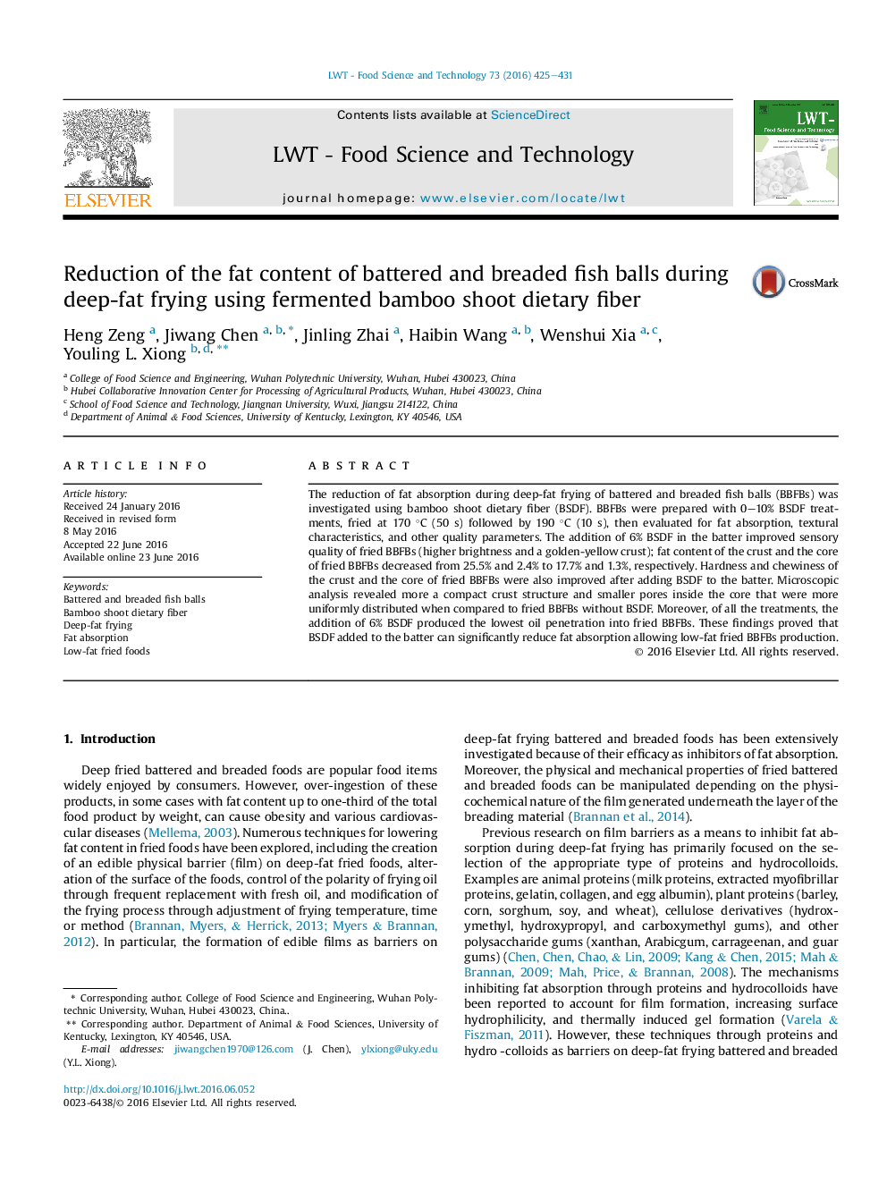 Reduction of the fat content of battered and breaded fish balls during deep-fat frying using fermented bamboo shoot dietary fiber