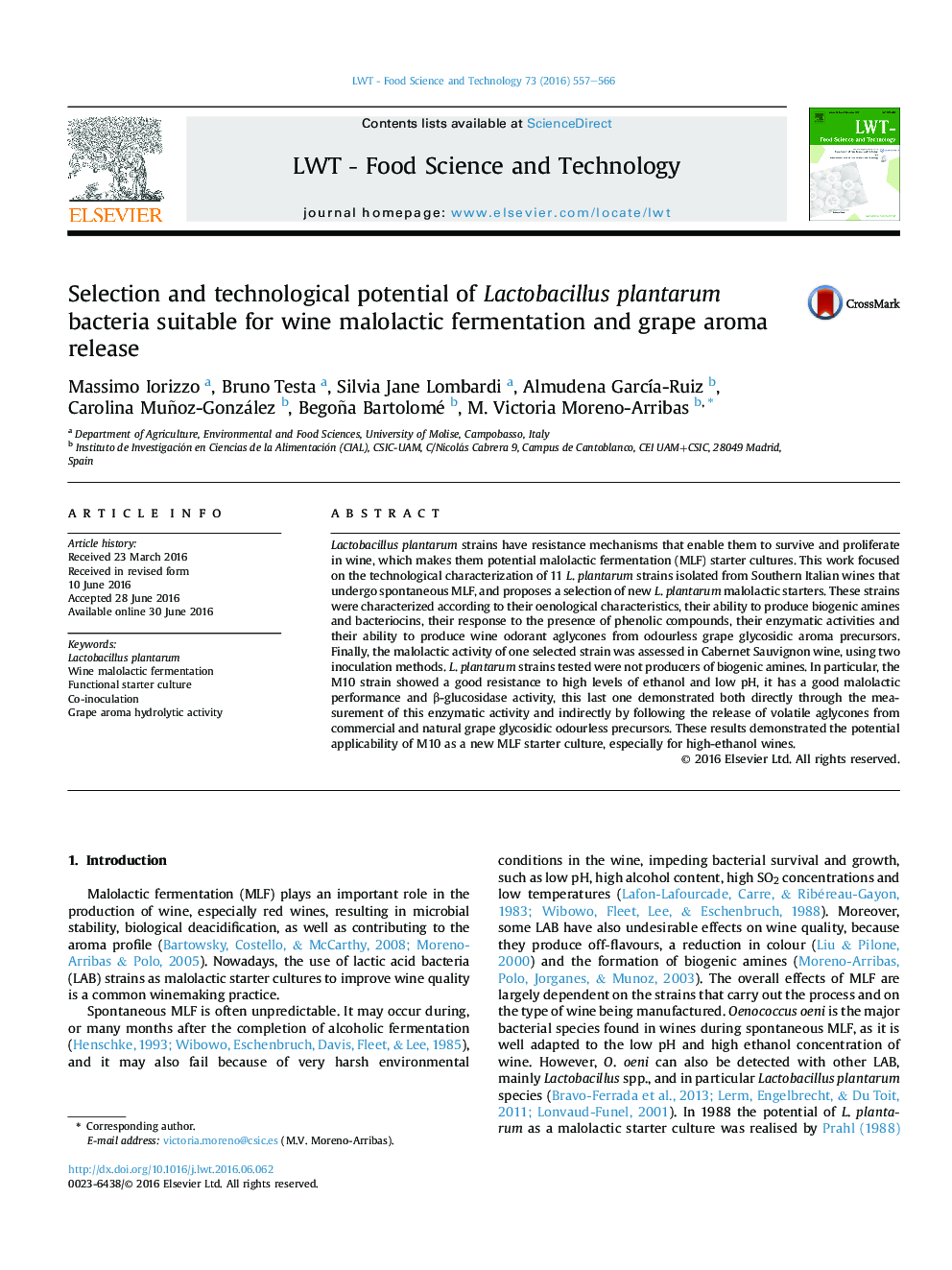 Selection and technological potential of Lactobacillus plantarum bacteria suitable for wine malolactic fermentation and grape aroma release