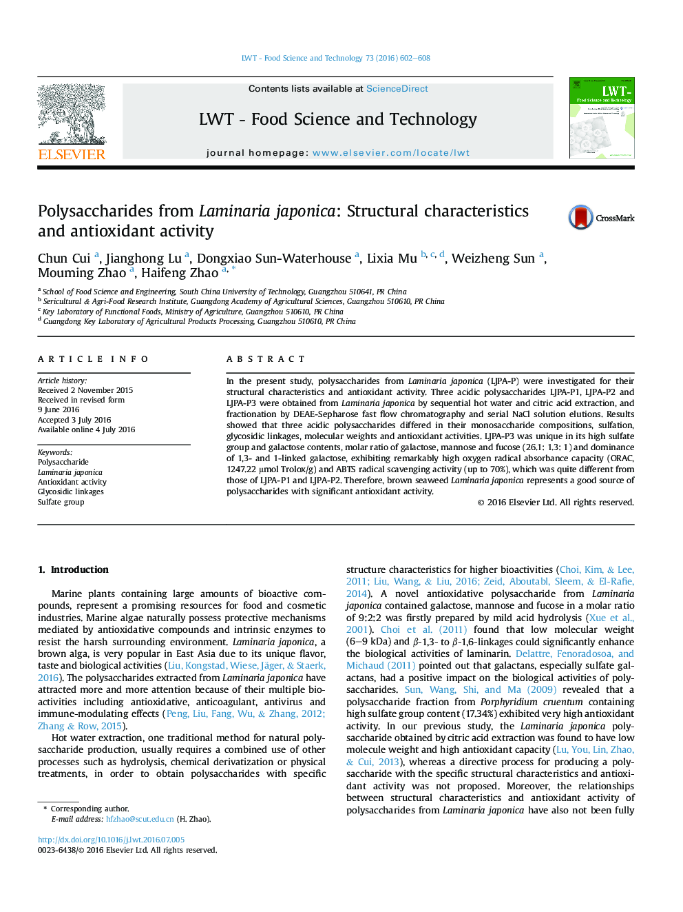 Polysaccharides from Laminaria japonica: Structural characteristics and antioxidant activity