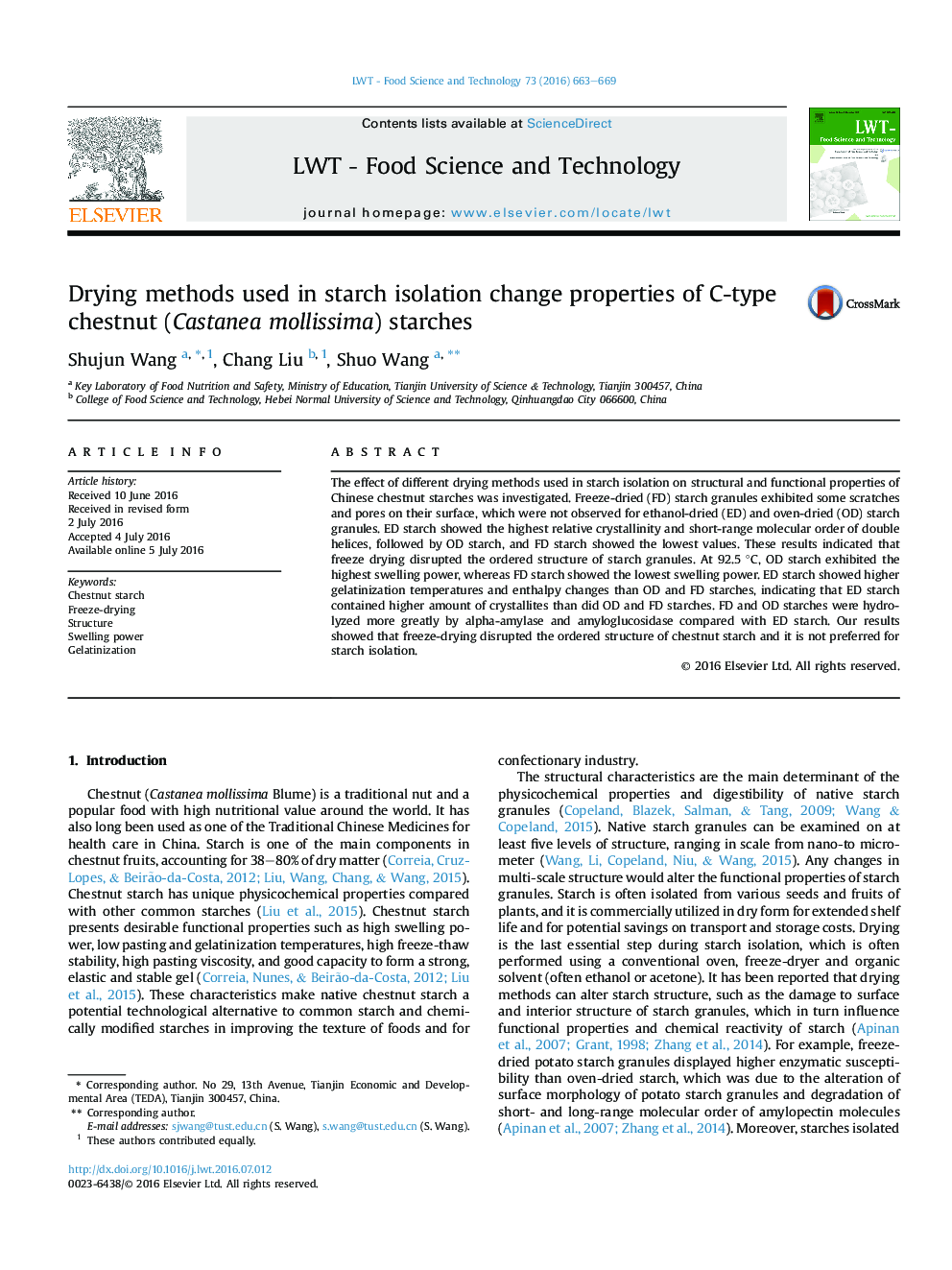 Drying methods used in starch isolation change properties of C-type chestnut (Castanea mollissima) starches