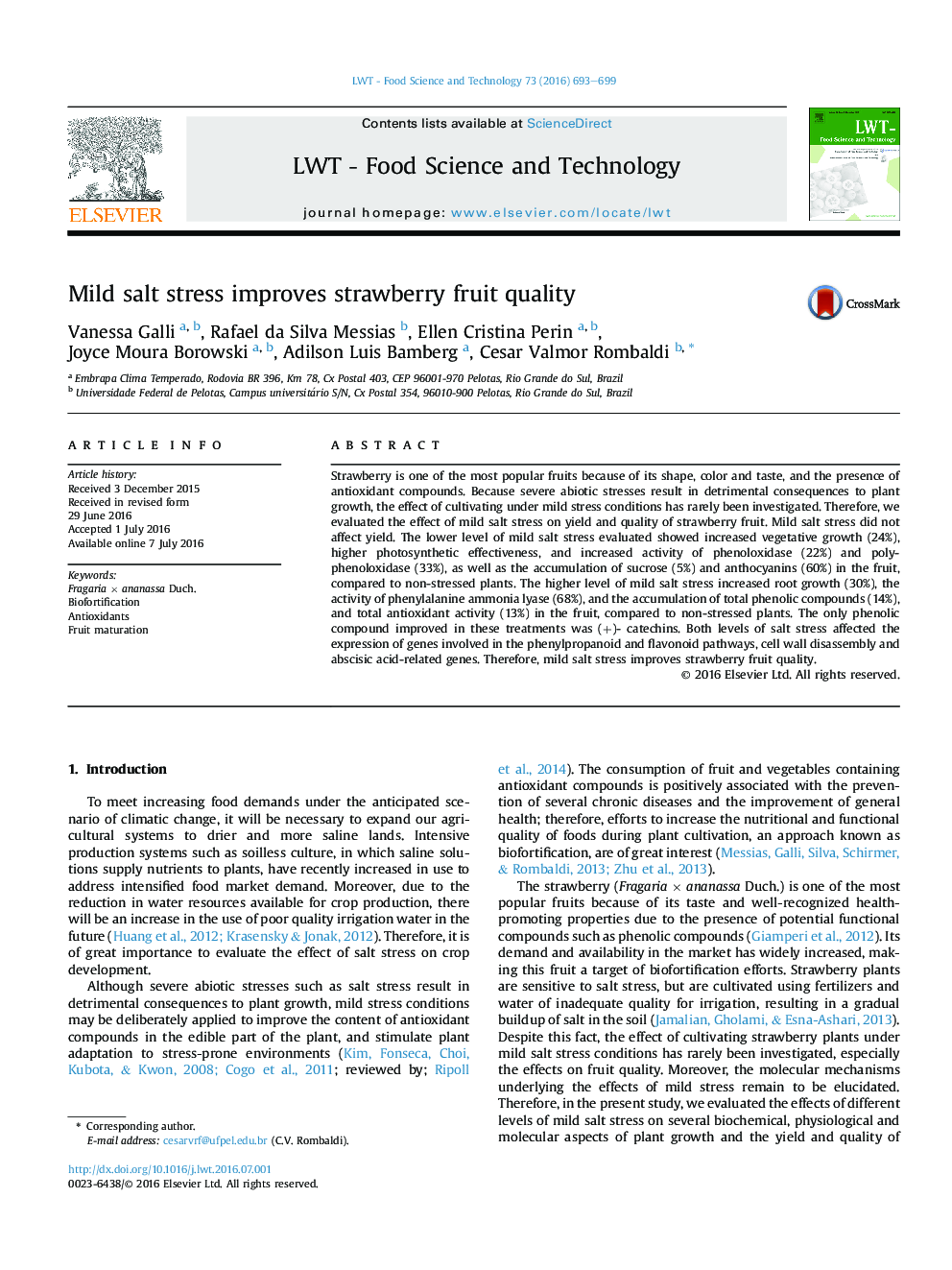 Mild salt stress improves strawberry fruit quality