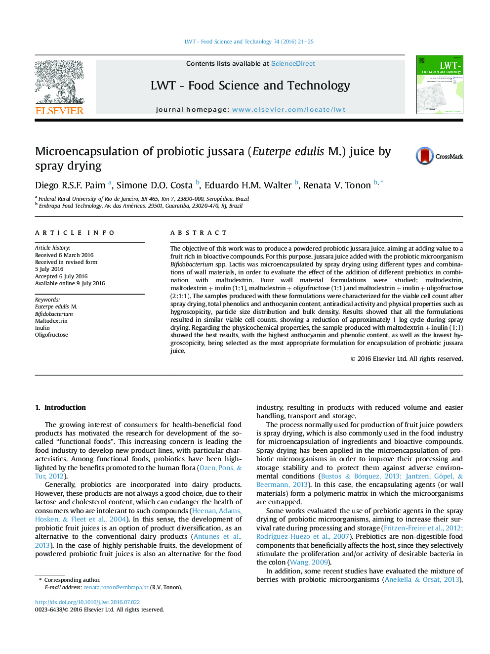 Microencapsulation of probiotic jussara (Euterpe edulis M.) juice by spray drying