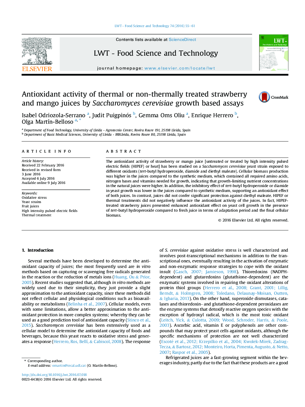 Antioxidant activity of thermal or non-thermally treated strawberry and mango juices by Saccharomyces cerevisiae growth based assays