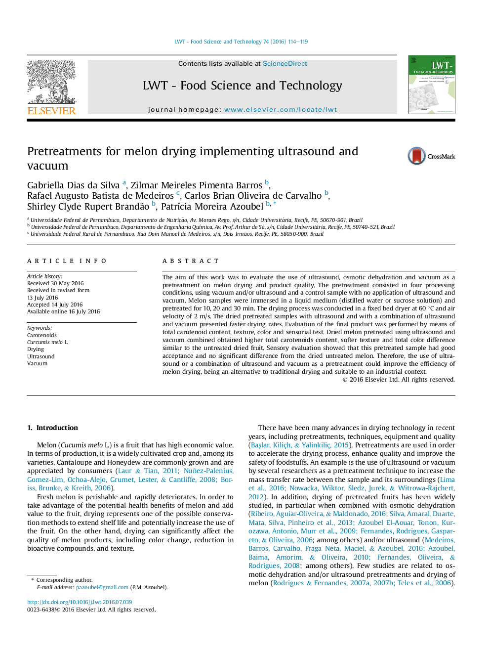 Pretreatments for melon drying implementing ultrasound and vacuum