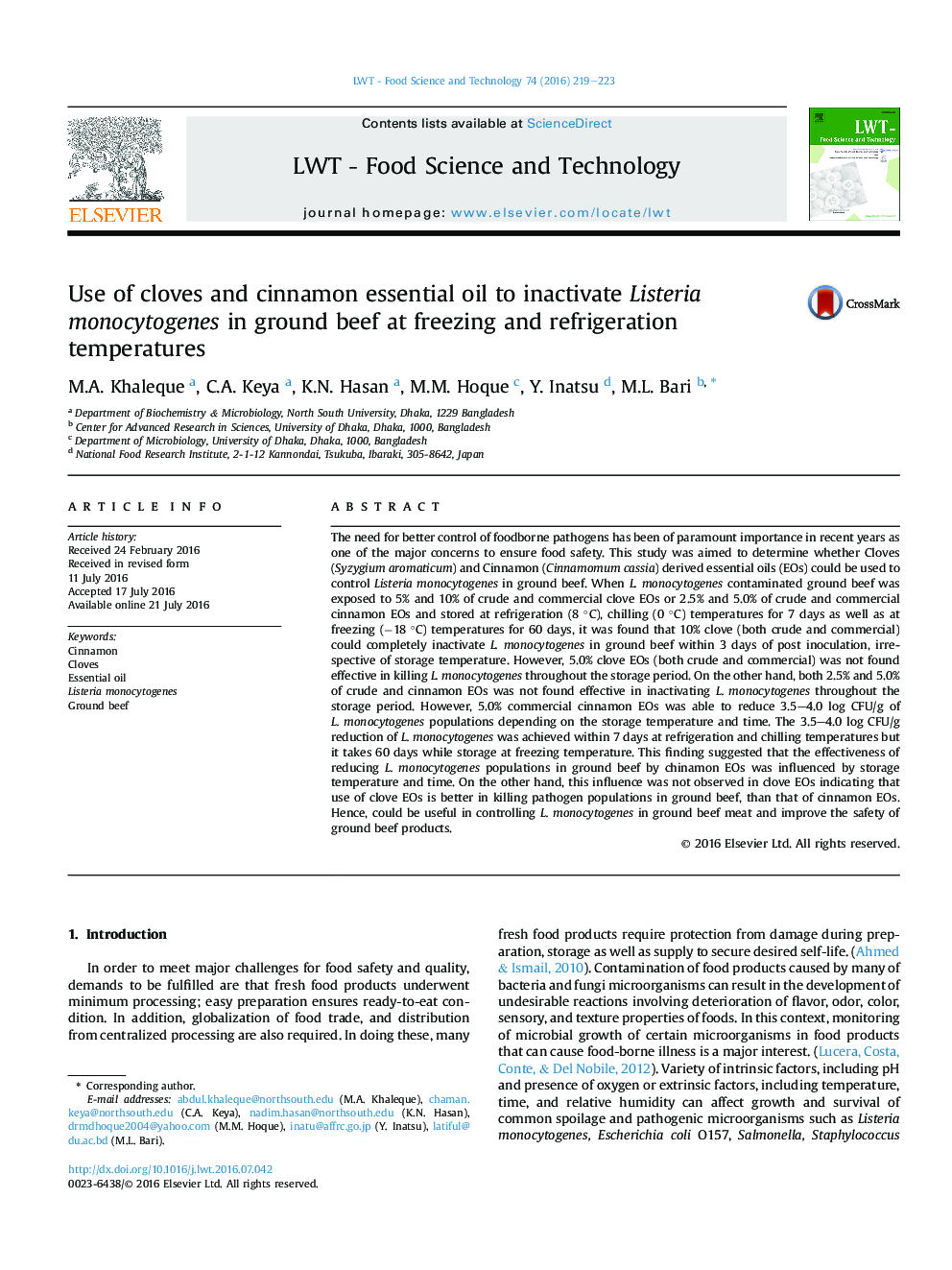 Use of cloves and cinnamon essential oil to inactivate Listeria monocytogenes in ground beef at freezing and refrigeration temperatures