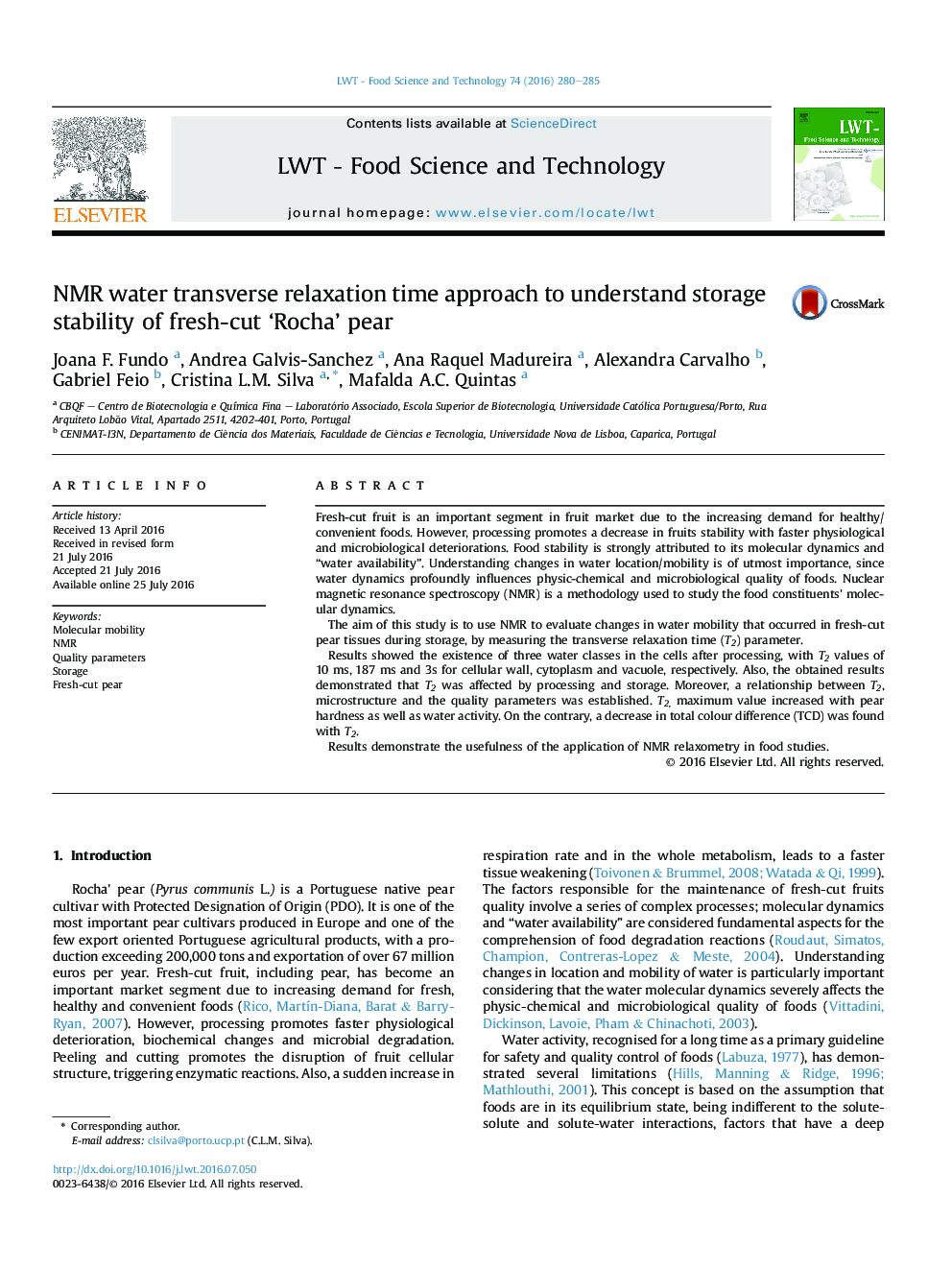 NMR water transverse relaxation time approach to understand storage stability of fresh-cut ‘Rocha’ pear