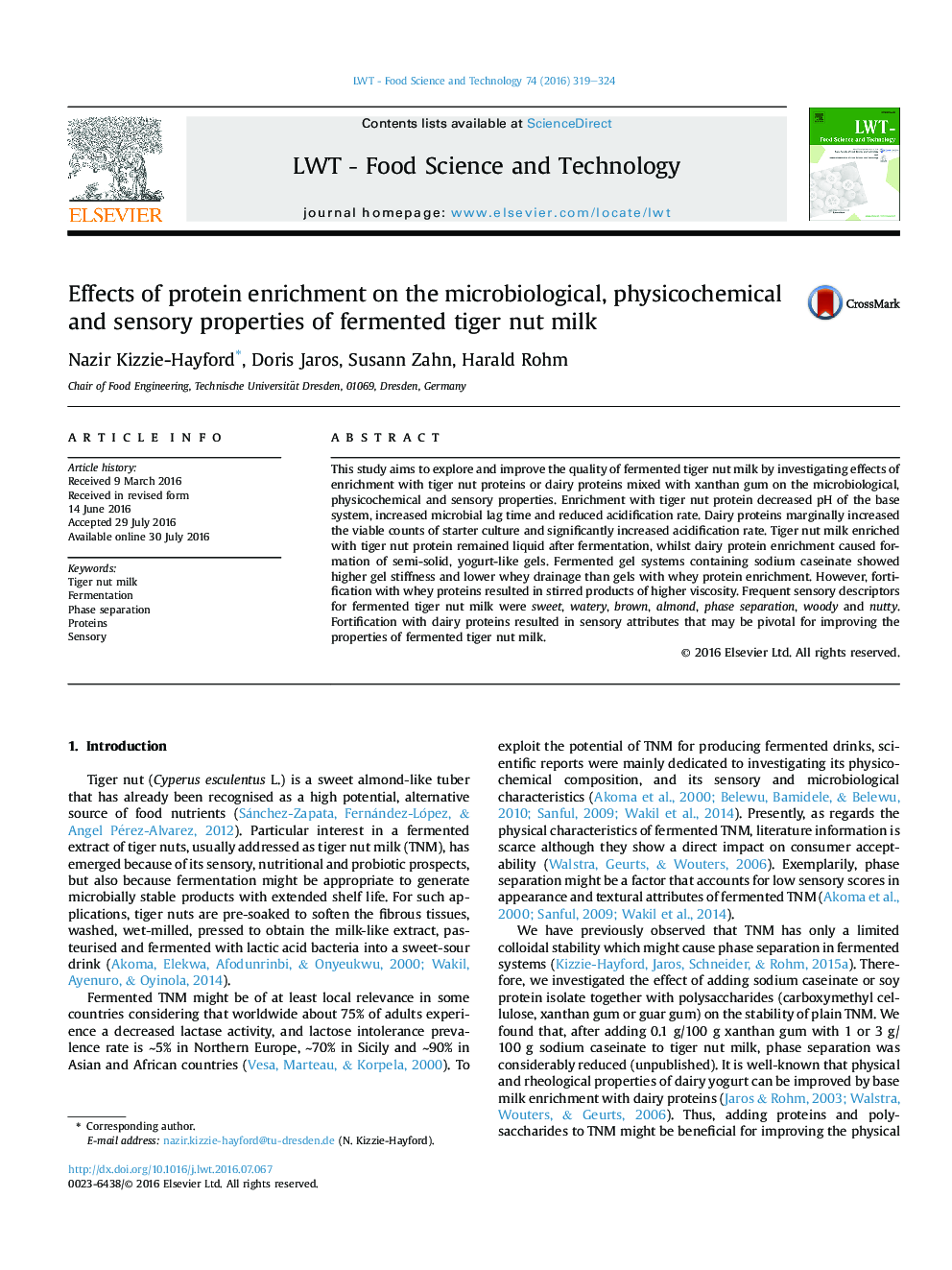 Effects of protein enrichment on the microbiological, physicochemical and sensory properties of fermented tiger nut milk