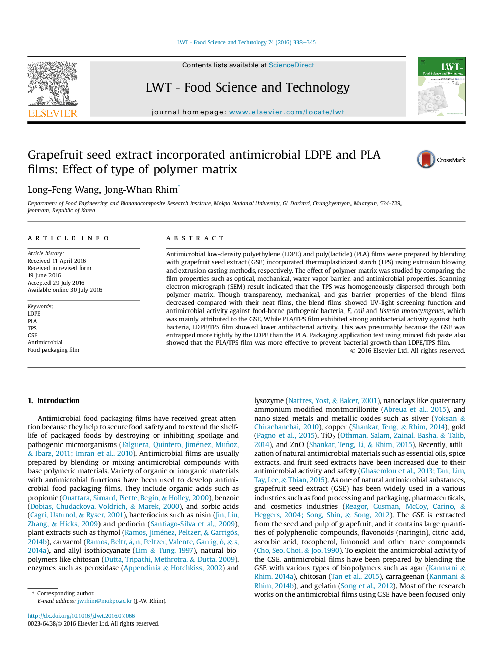 Grapefruit seed extract incorporated antimicrobial LDPE and PLA films: Effect of type of polymer matrix