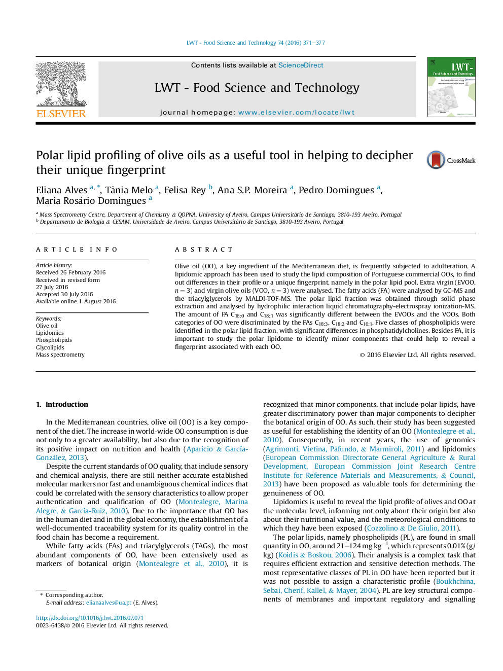 Polar lipid profiling of olive oils as a useful tool in helping to decipher their unique fingerprint