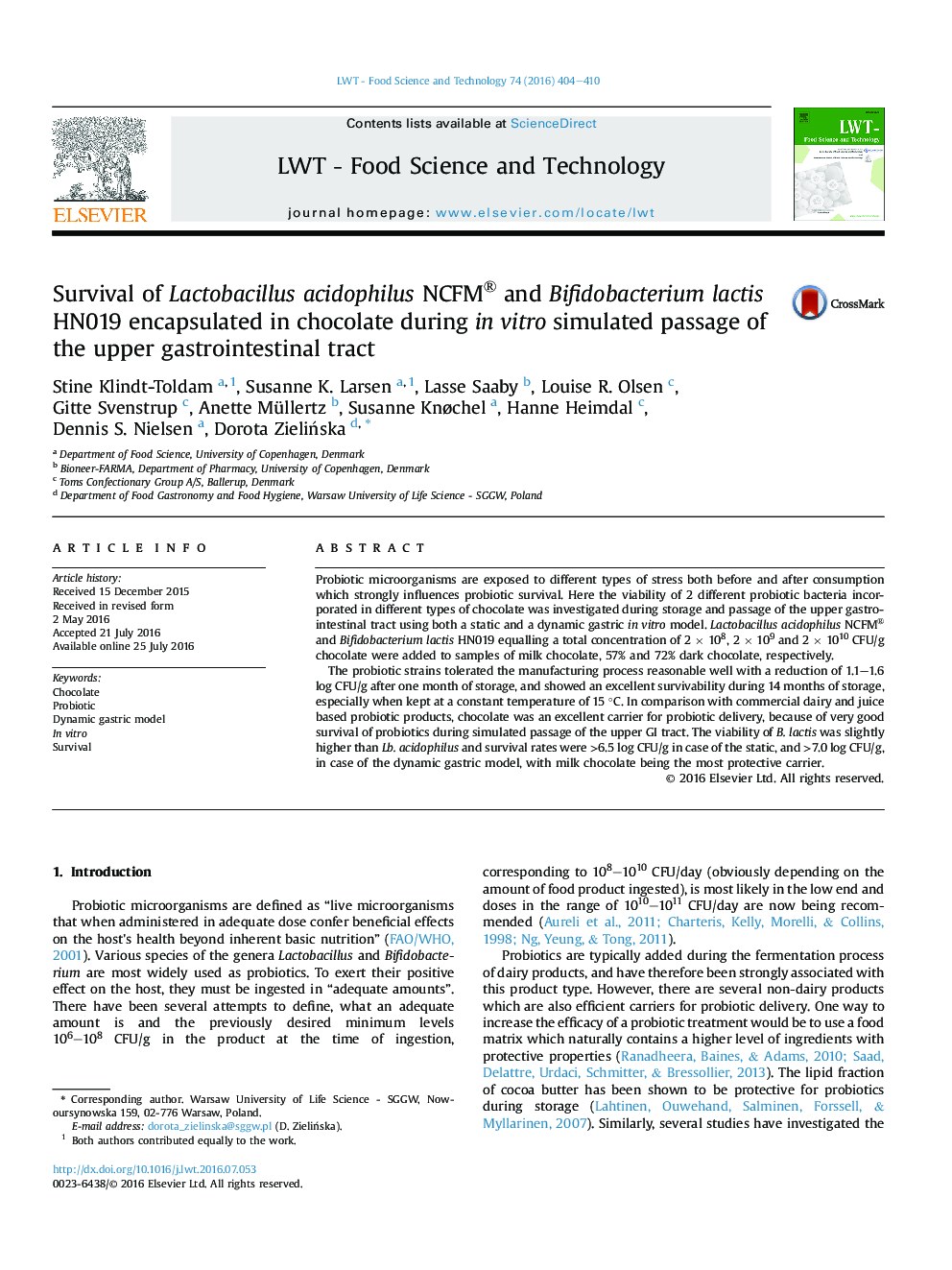 Survival of Lactobacillus acidophilus NCFM® and Bifidobacterium lactis HN019 encapsulated in chocolate during in vitro simulated passage of the upper gastrointestinal tract