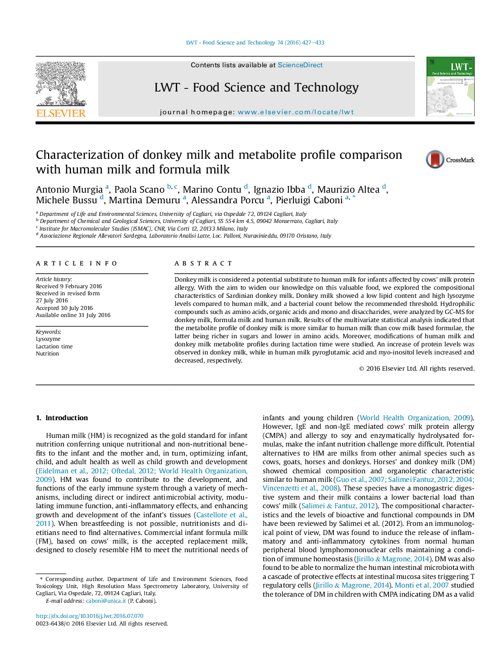 Characterization of donkey milk and metabolite profile comparison with human milk and formula milk