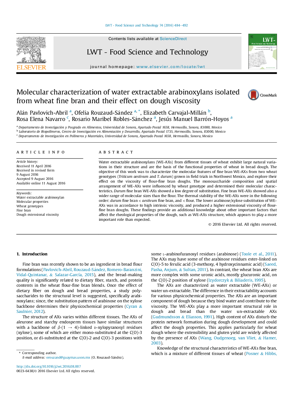 Molecular characterization of water extractable arabinoxylans isolated from wheat fine bran and their effect on dough viscosity