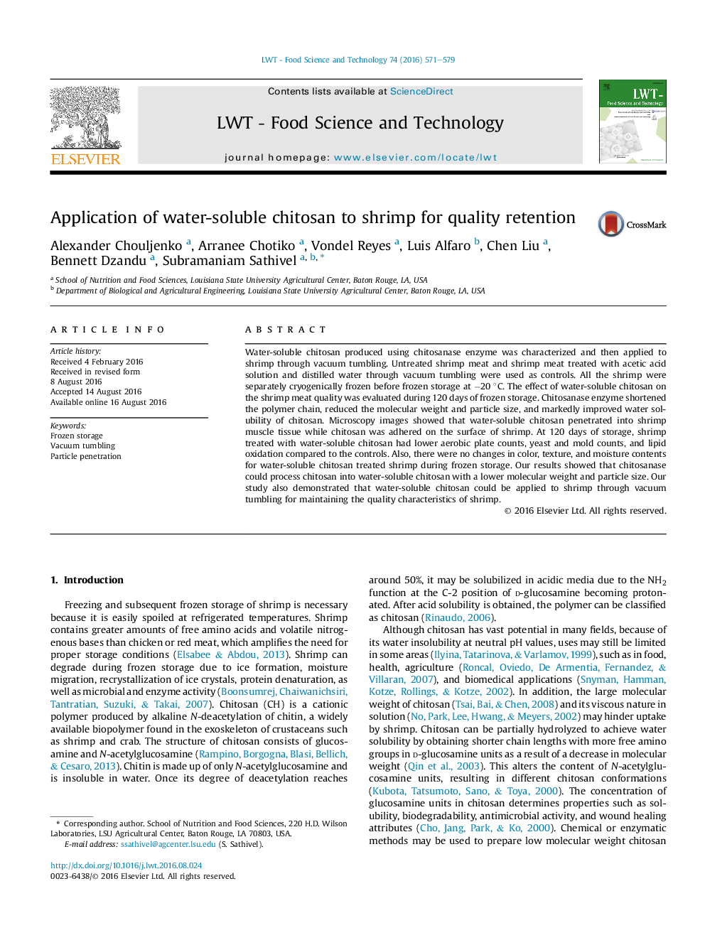 Application of water-soluble chitosan to shrimp for quality retention