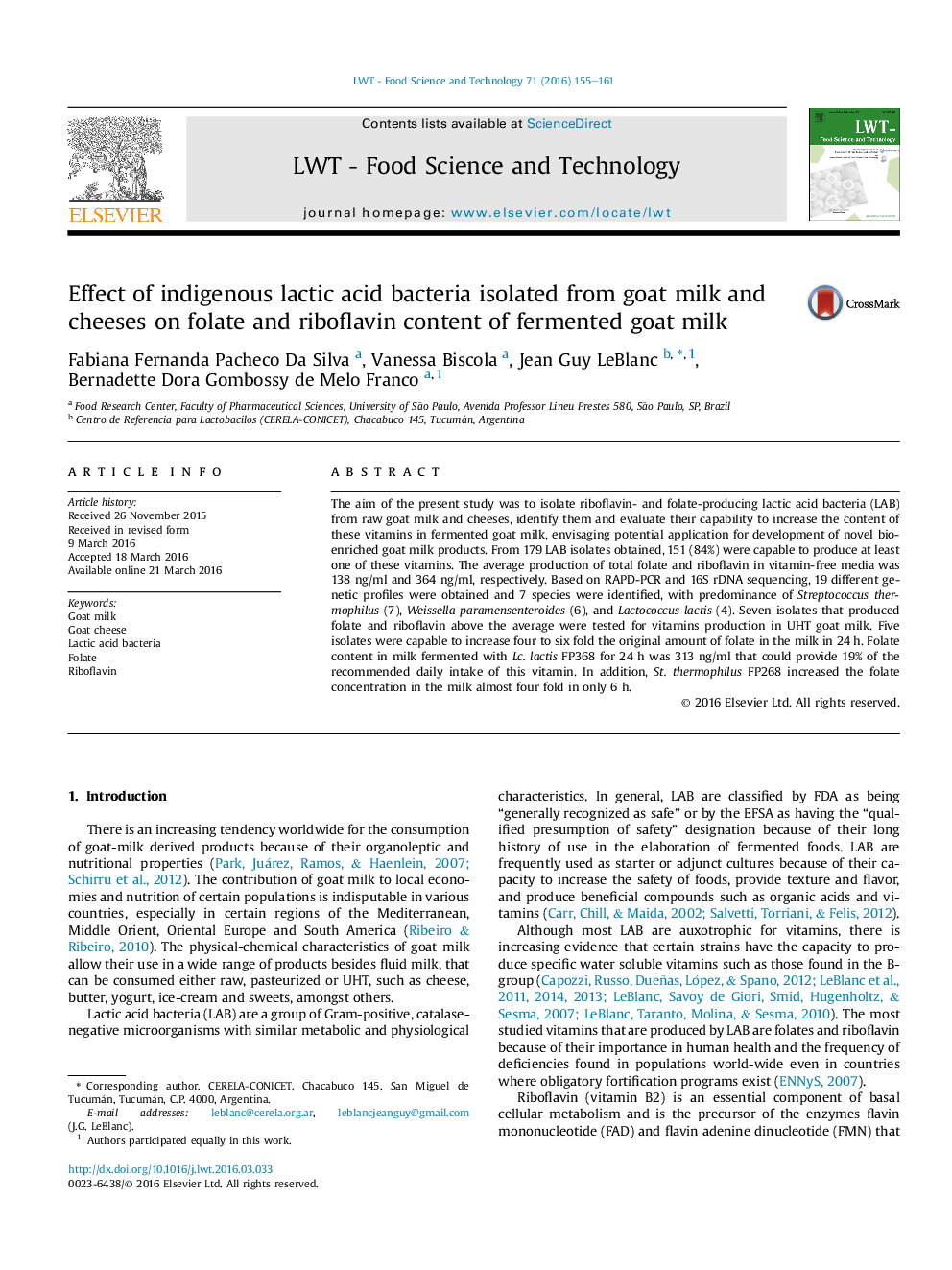 Effect of indigenous lactic acid bacteria isolated from goat milk and cheeses on folate and riboflavin content of fermented goat milk