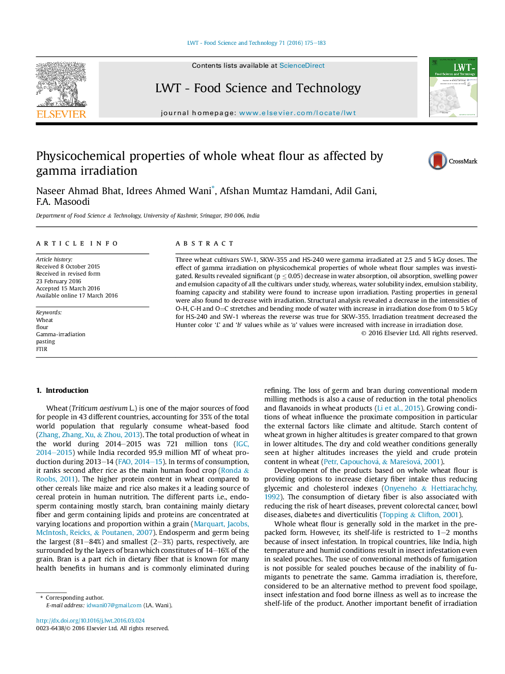 Physicochemical properties of whole wheat flour as affected by gamma irradiation