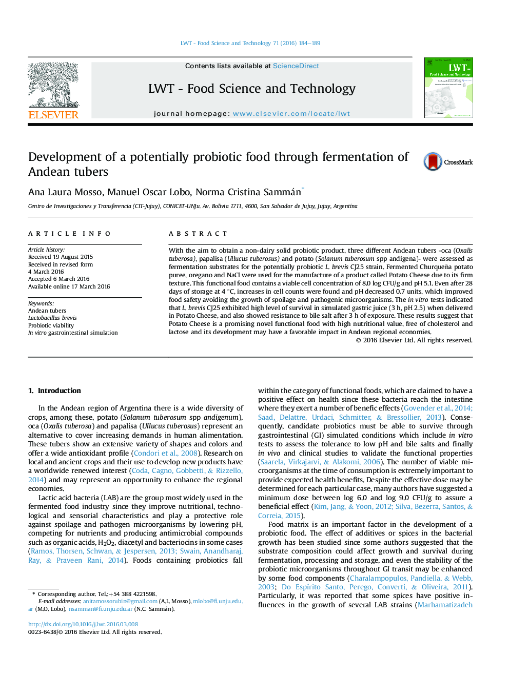 Development of a potentially probiotic food through fermentation of Andean tubers