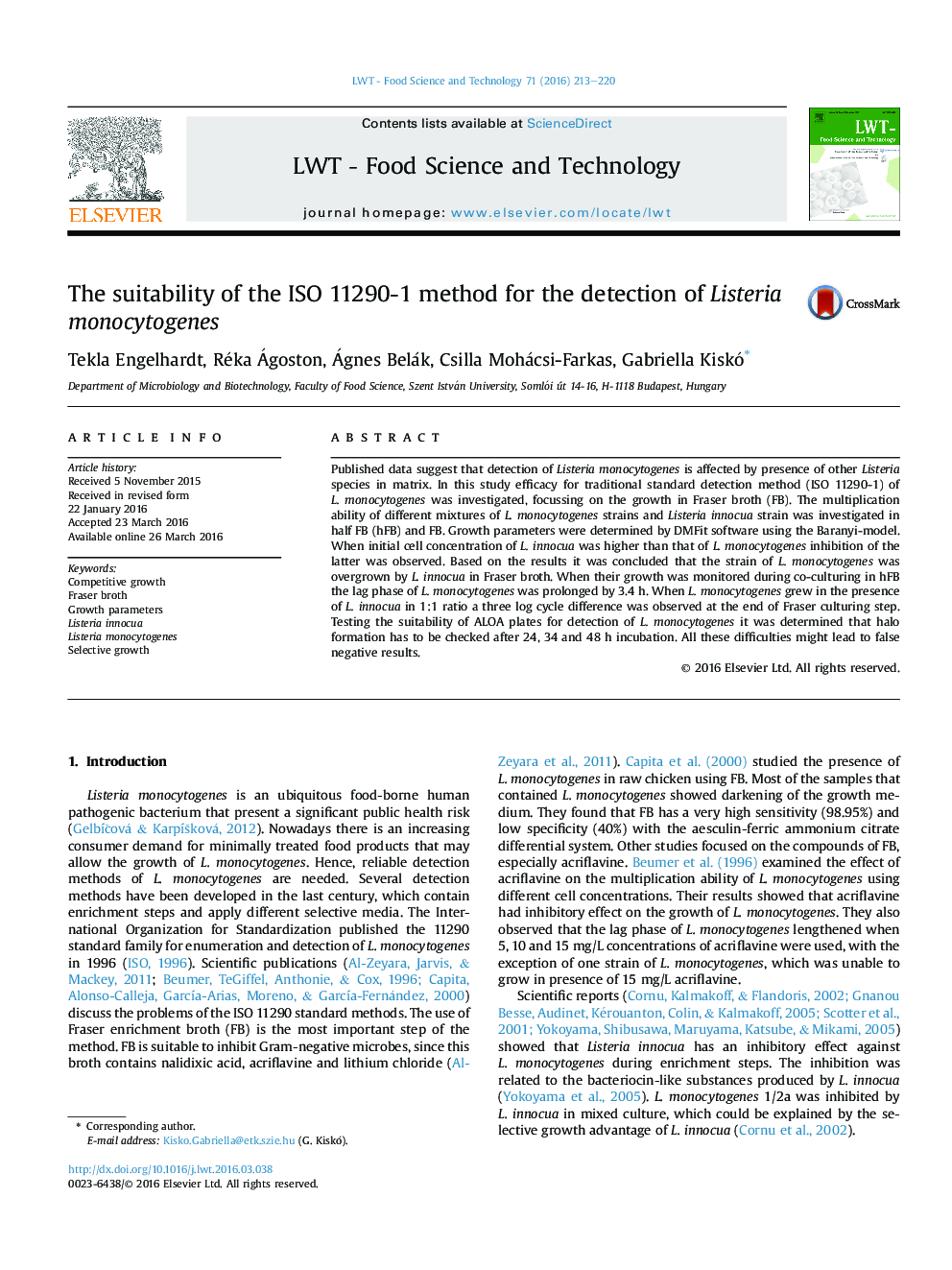 The suitability of the ISO 11290-1 method for the detection of Listeria monocytogenes