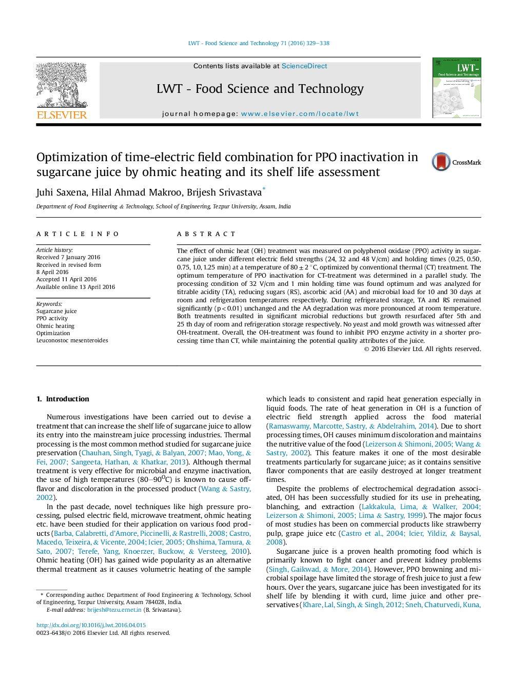 Optimization of time-electric field combination for PPO inactivation in sugarcane juice by ohmic heating and its shelf life assessment