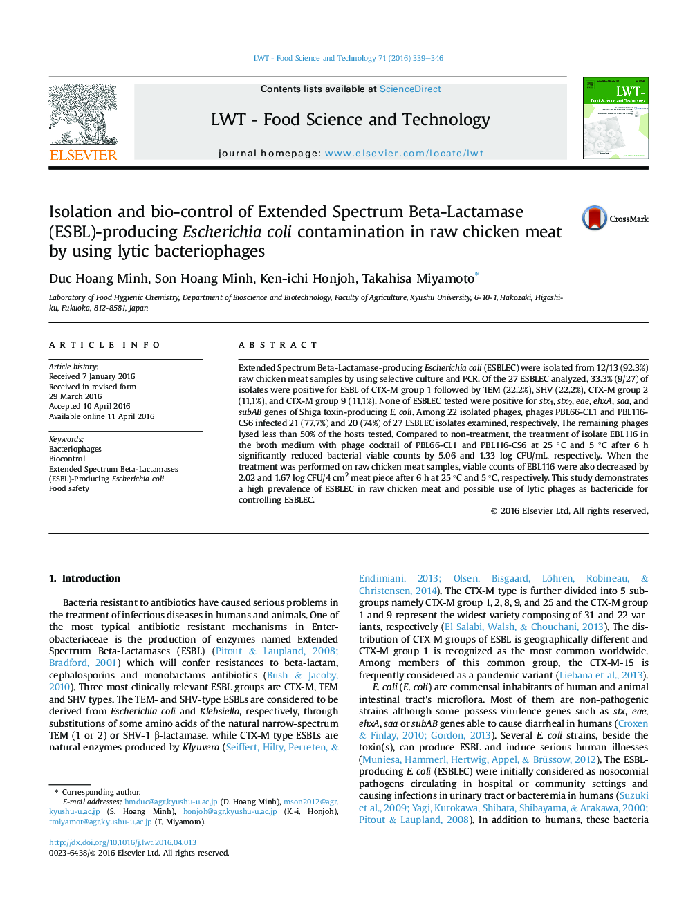 Isolation and bio-control of Extended Spectrum Beta-Lactamase (ESBL)-producing Escherichia coli contamination in raw chicken meat by using lytic bacteriophages