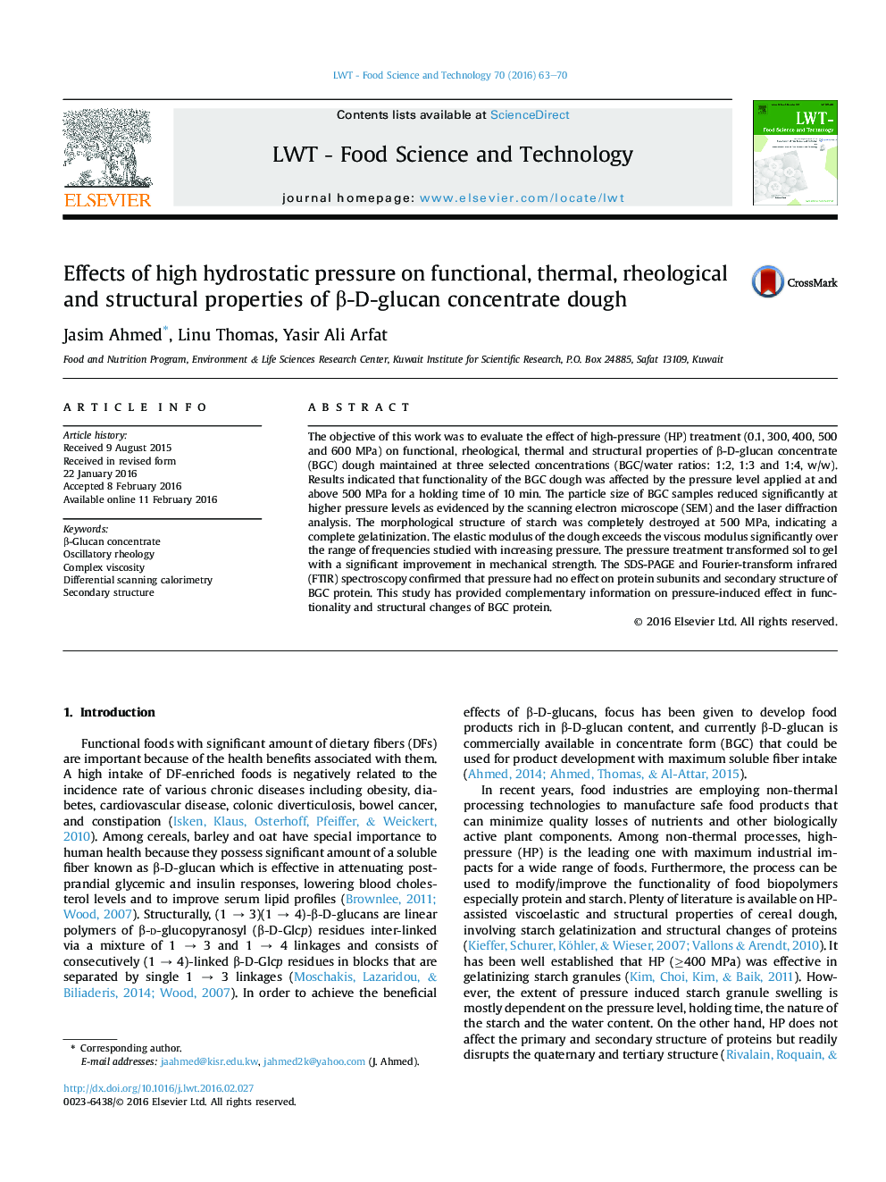 Effects of high hydrostatic pressure on functional, thermal, rheological and structural properties of β-D-glucan concentrate dough