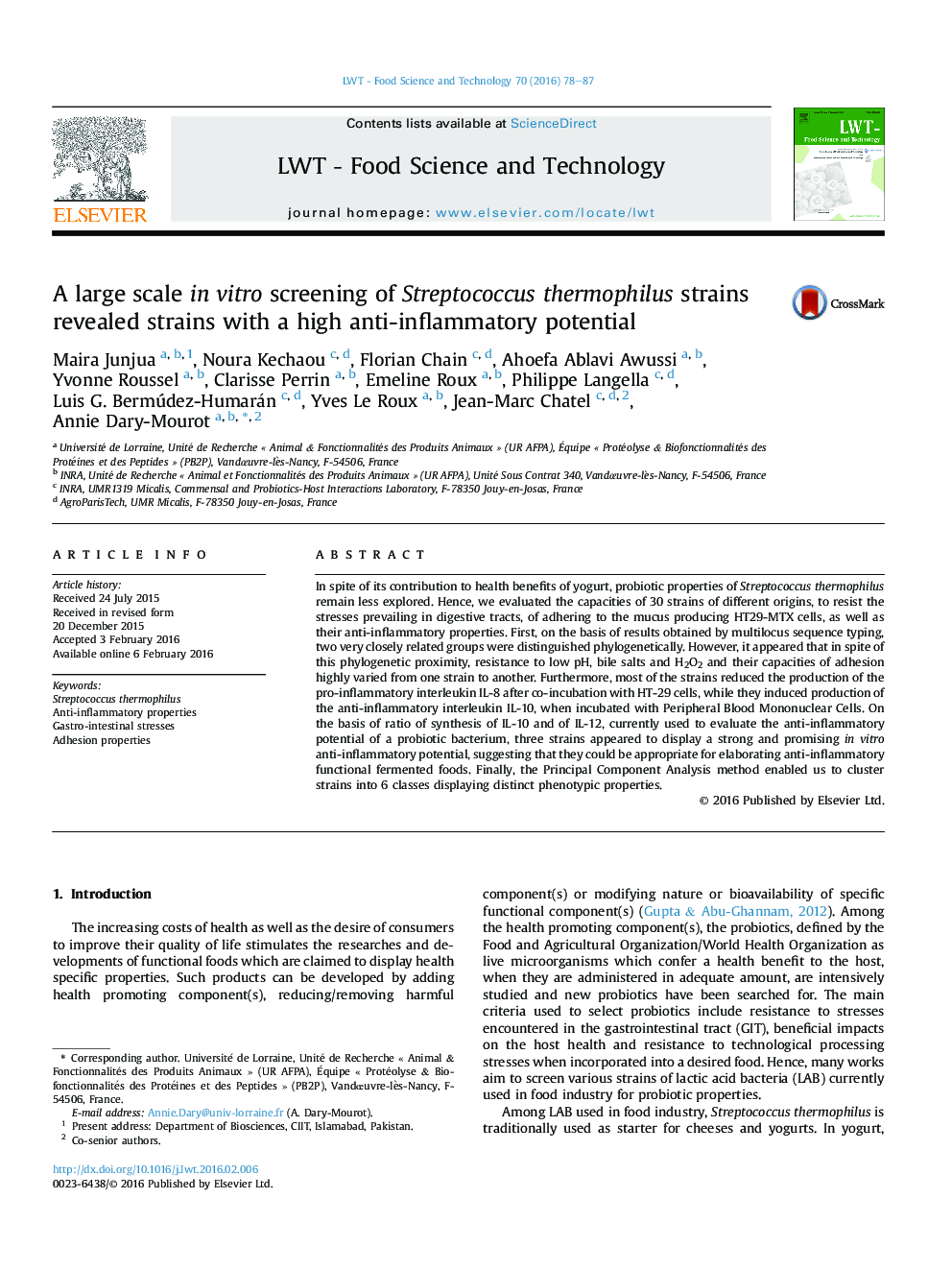 A large scale in vitro screening of Streptococcus thermophilus strains revealed strains with a high anti-inflammatory potential