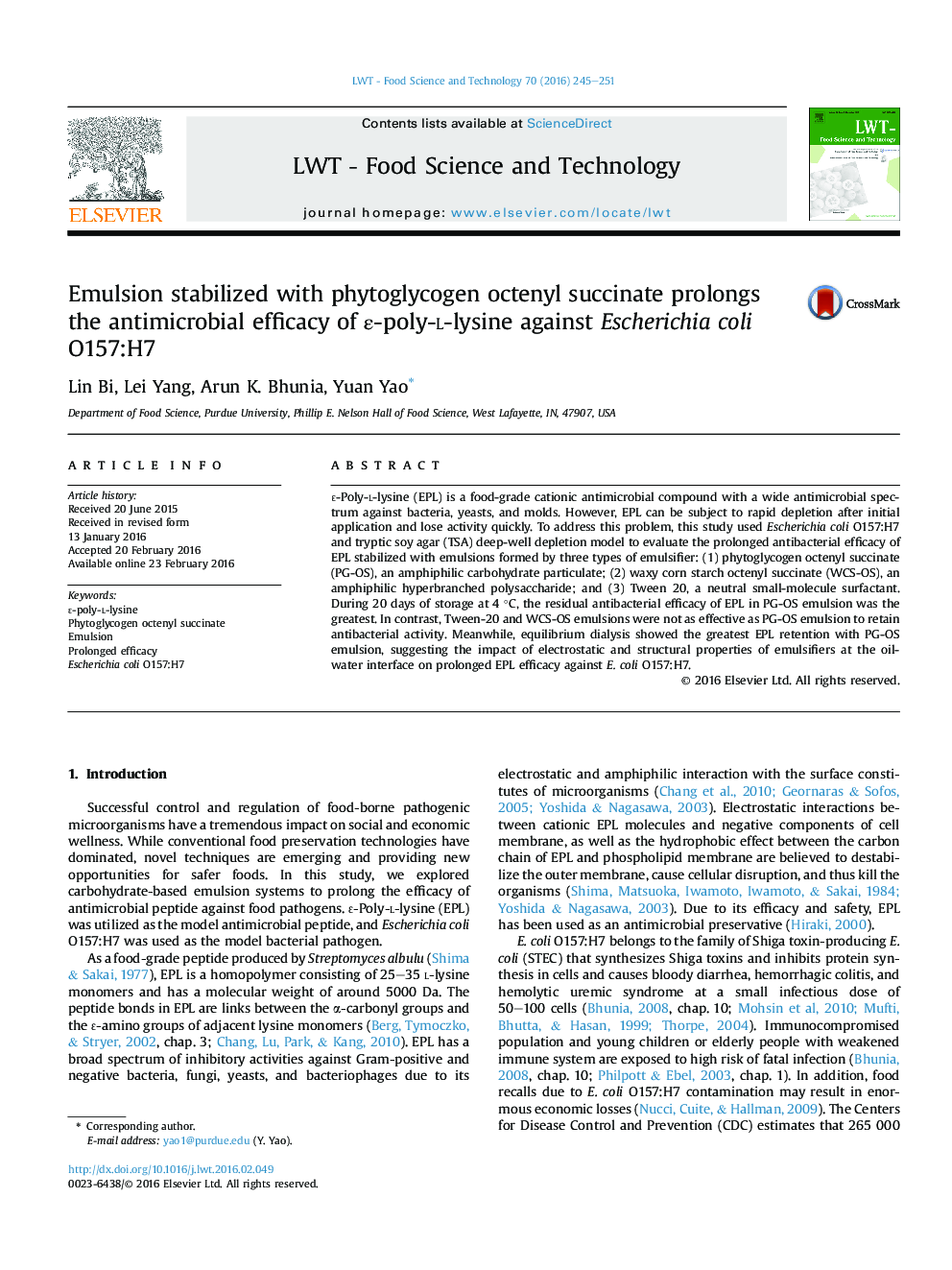 Emulsion stabilized with phytoglycogen octenyl succinate prolongs the antimicrobial efficacy of ε-poly-l-lysine against Escherichia coli O157:H7