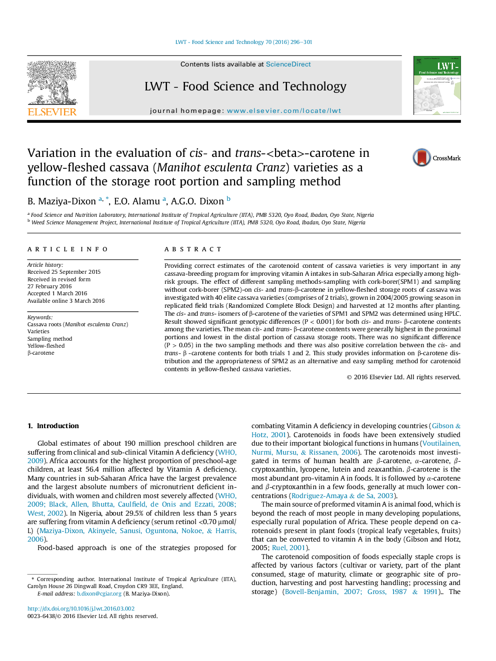 Variation in the evaluation of cis- and trans-<beta>-carotene in yellow-fleshed cassava (Manihot esculenta Cranz) varieties as a function of the storage root portion and sampling method