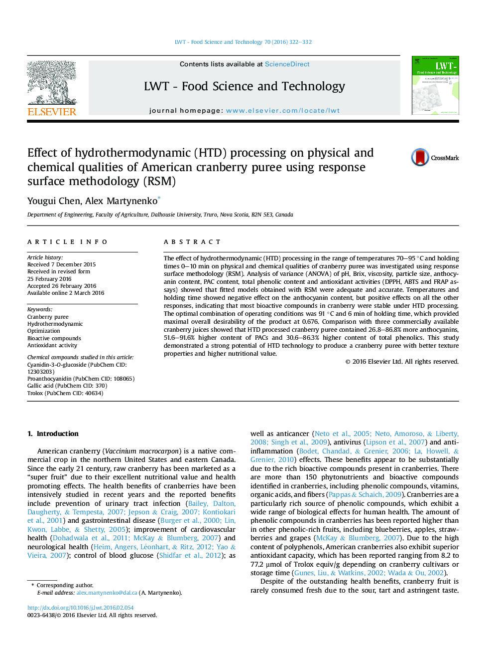 Effect of hydrothermodynamic (HTD) processing on physical and chemical qualities of American cranberry puree using response surface methodology (RSM)