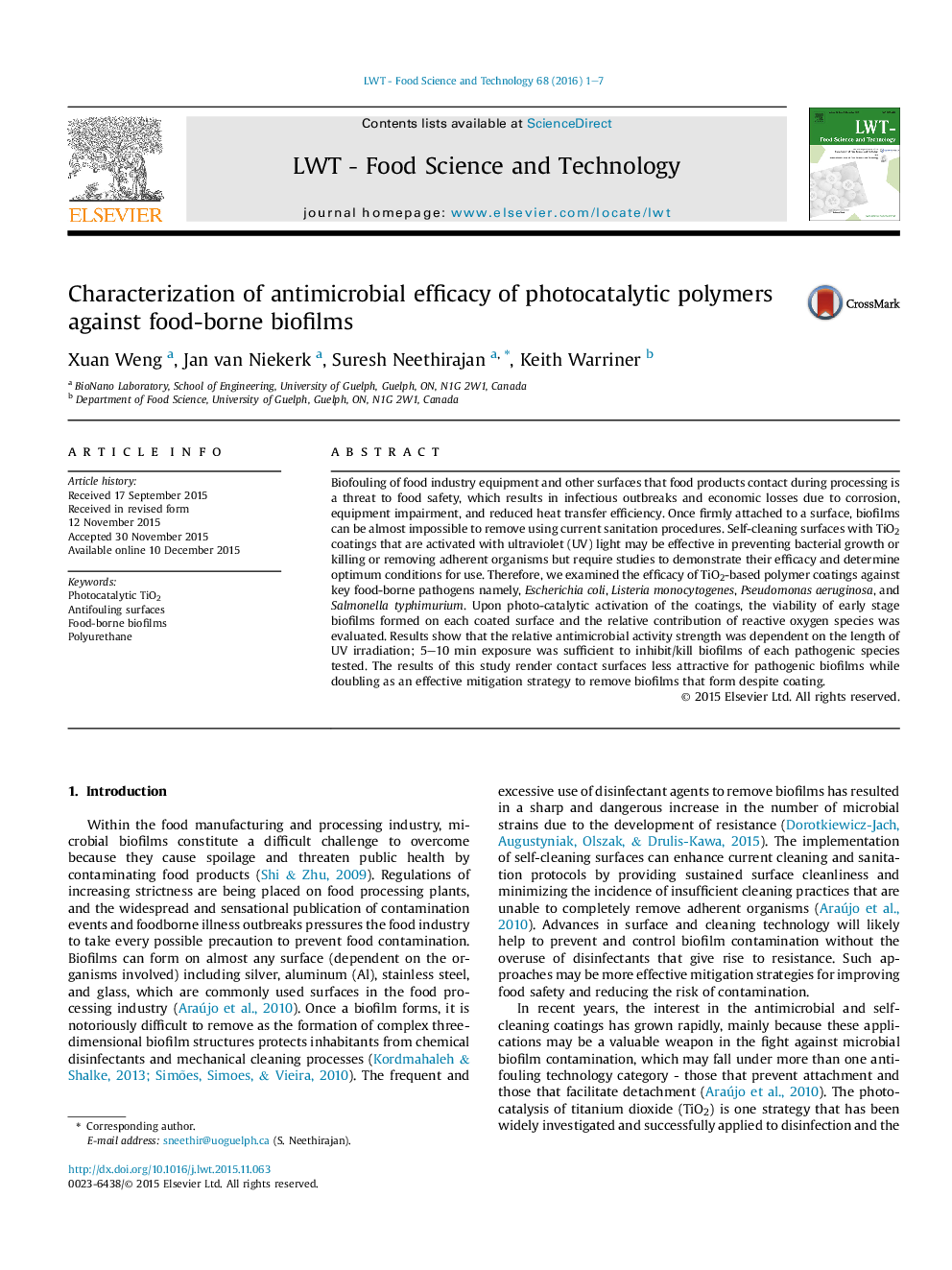 Characterization of antimicrobial efficacy of photocatalytic polymers against food-borne biofilms