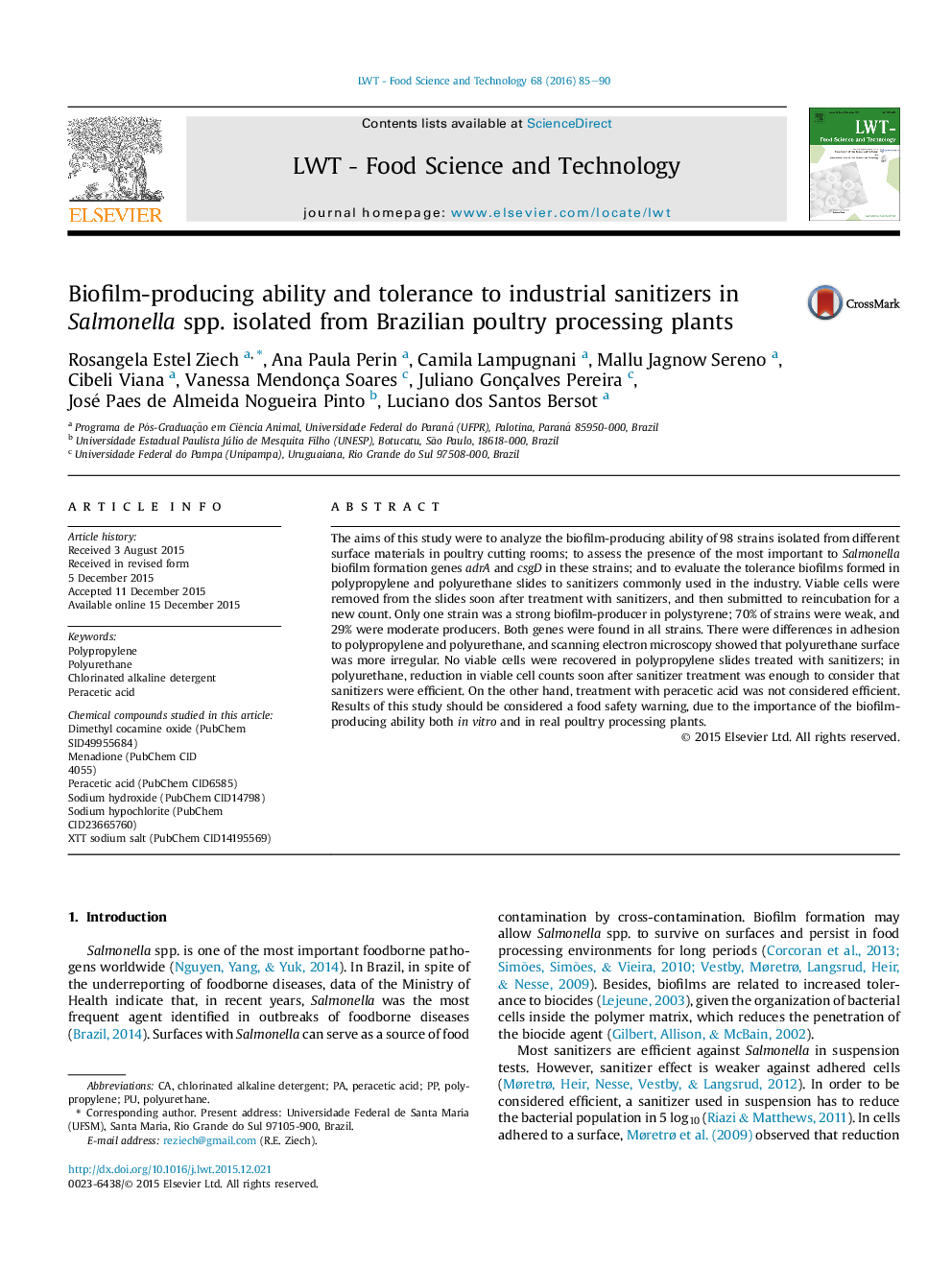 Biofilm-producing ability and tolerance to industrial sanitizers in Salmonella spp. isolated from Brazilian poultry processing plants