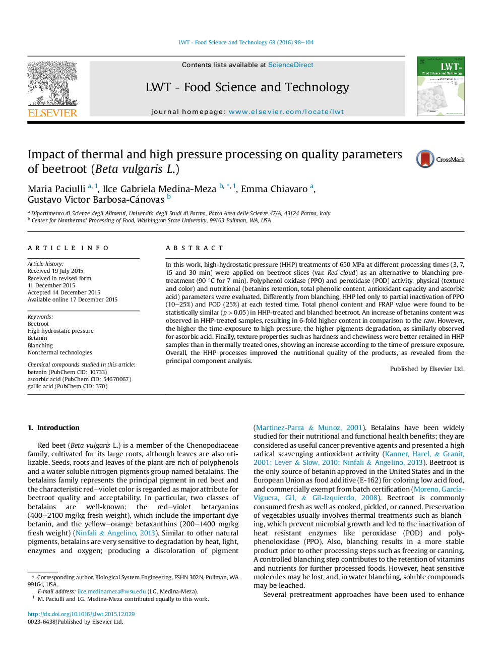 Impact of thermal and high pressure processing on quality parameters of beetroot (Beta vulgaris L.)