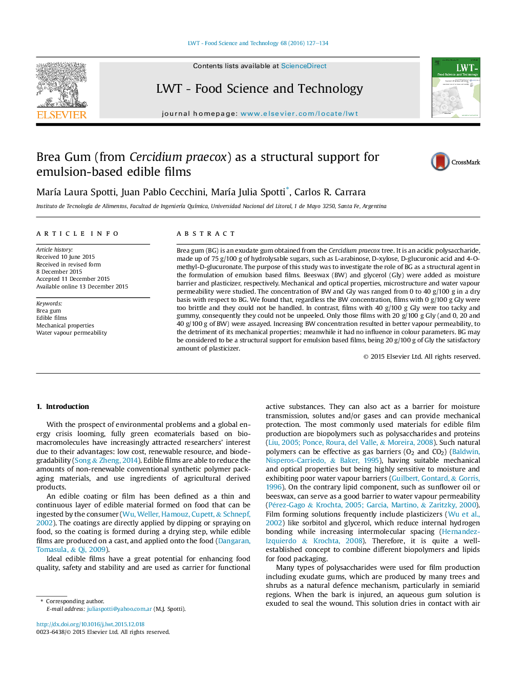 Brea Gum (from Cercidium praecox) as a structural support for emulsion-based edible films