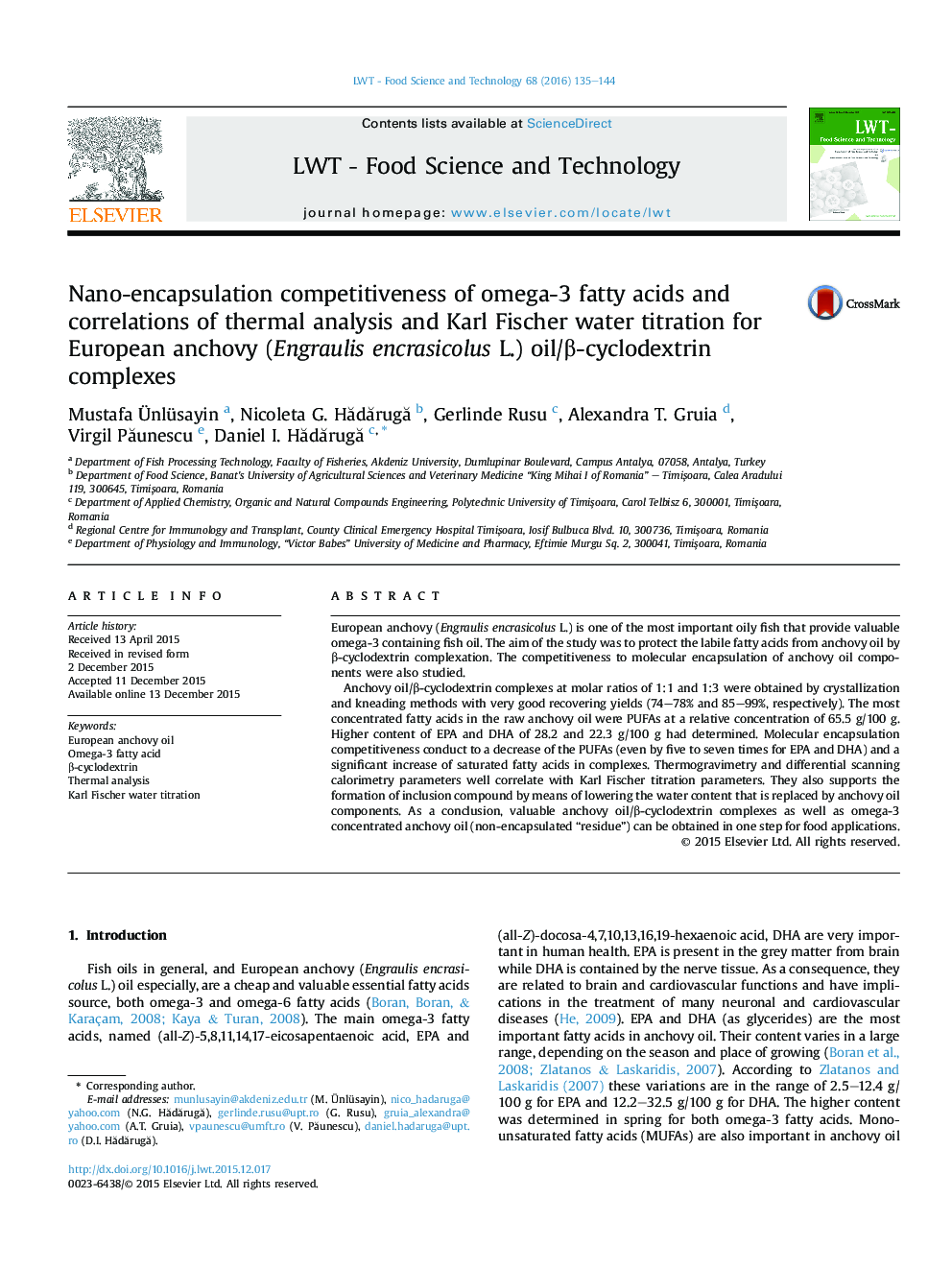 Nano-encapsulation competitiveness of omega-3 fatty acids and correlations of thermal analysis and Karl Fischer water titration for European anchovy (Engraulis encrasicolus L.) oil/β-cyclodextrin complexes