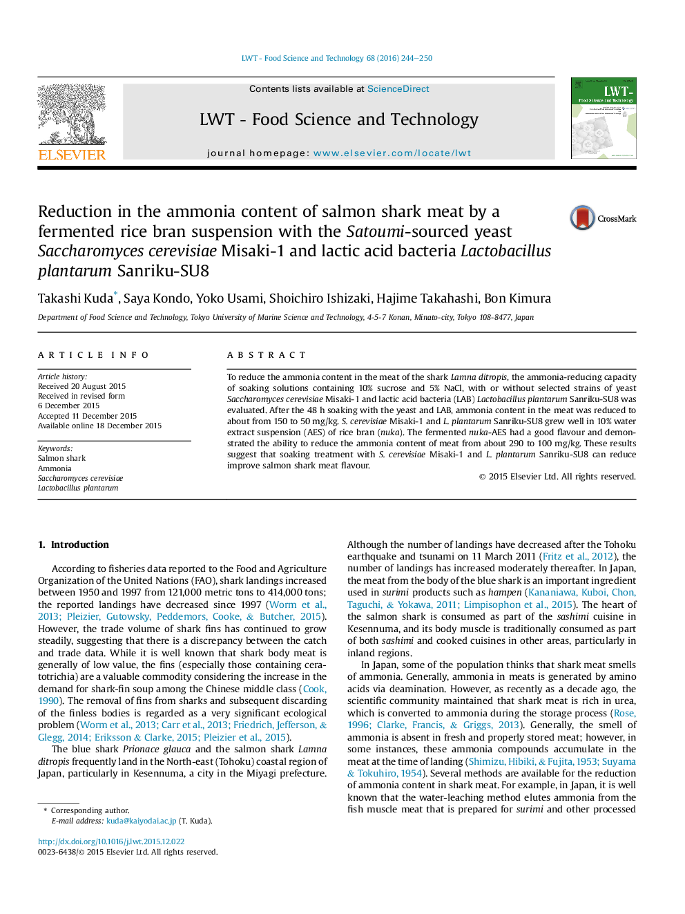 Reduction in the ammonia content of salmon shark meat by a fermented rice bran suspension with the Satoumi-sourced yeast Saccharomyces cerevisiae Misaki-1 and lactic acid bacteria Lactobacillus plantarum Sanriku-SU8