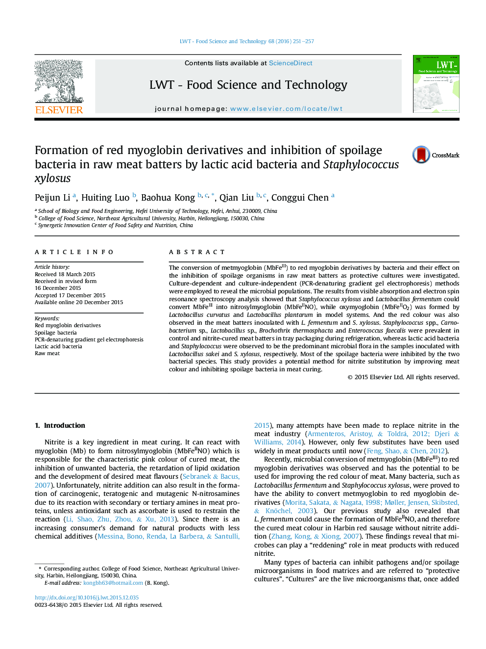 Formation of red myoglobin derivatives and inhibition of spoilage bacteria in raw meat batters by lactic acid bacteria and Staphylococcus xylosus