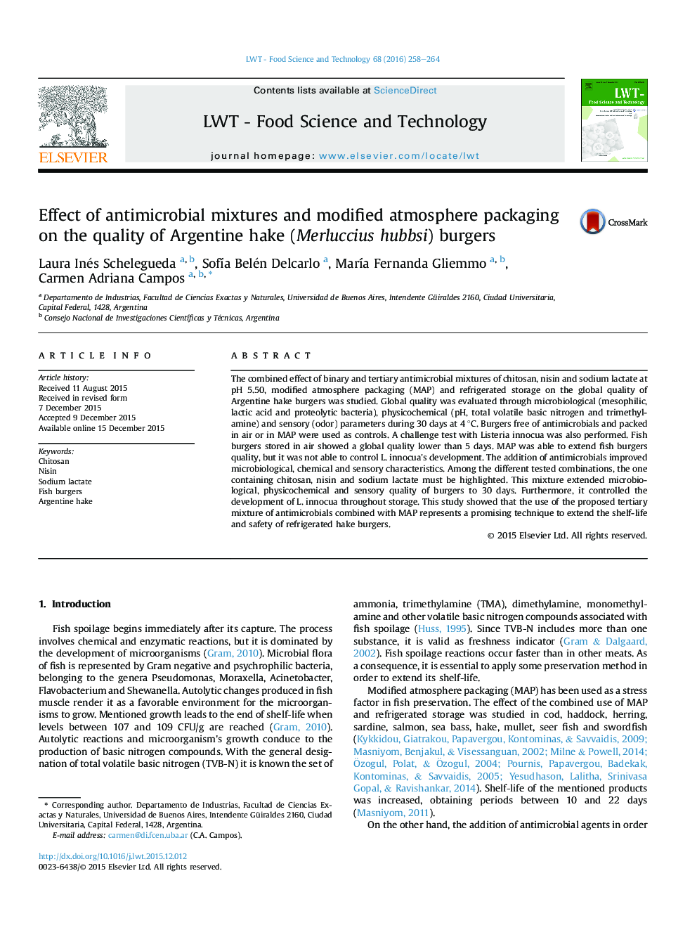 Effect of antimicrobial mixtures and modified atmosphere packaging on the quality of Argentine hake (Merluccius hubbsi) burgers