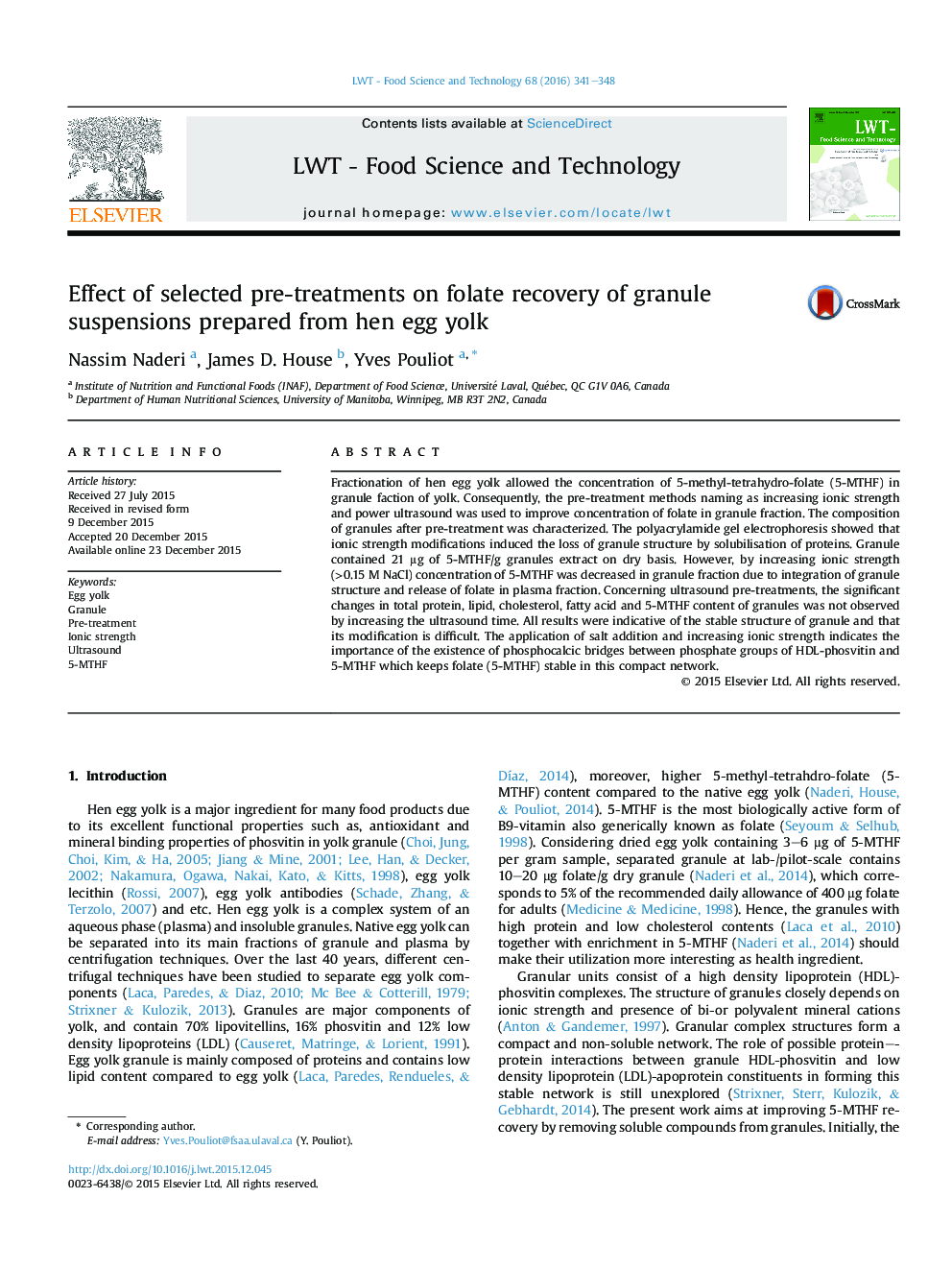 Effect of selected pre-treatments on folate recovery of granule suspensions prepared from hen egg yolk