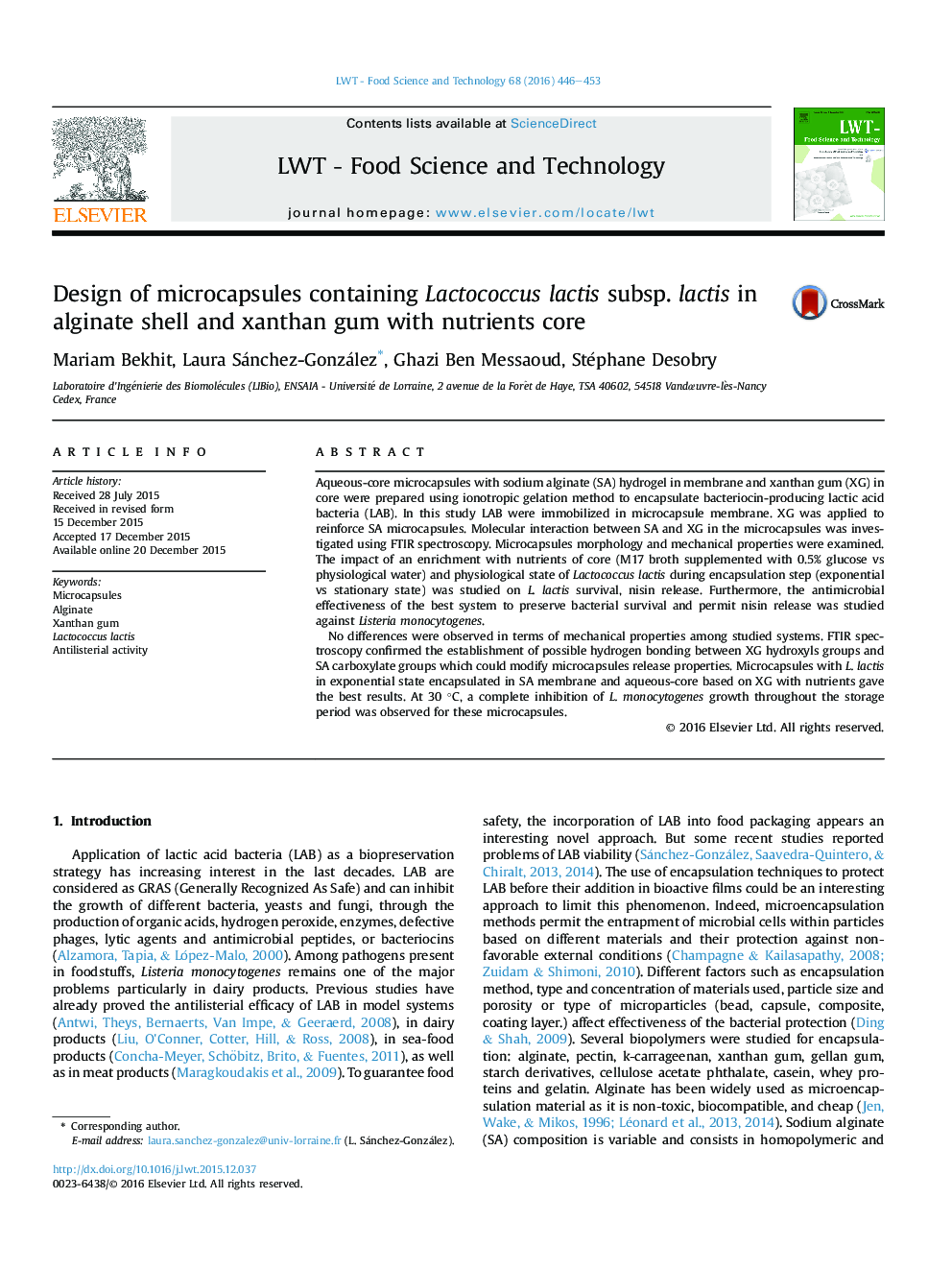 Design of microcapsules containing Lactococcus lactis subsp. lactis in alginate shell and xanthan gum with nutrients core