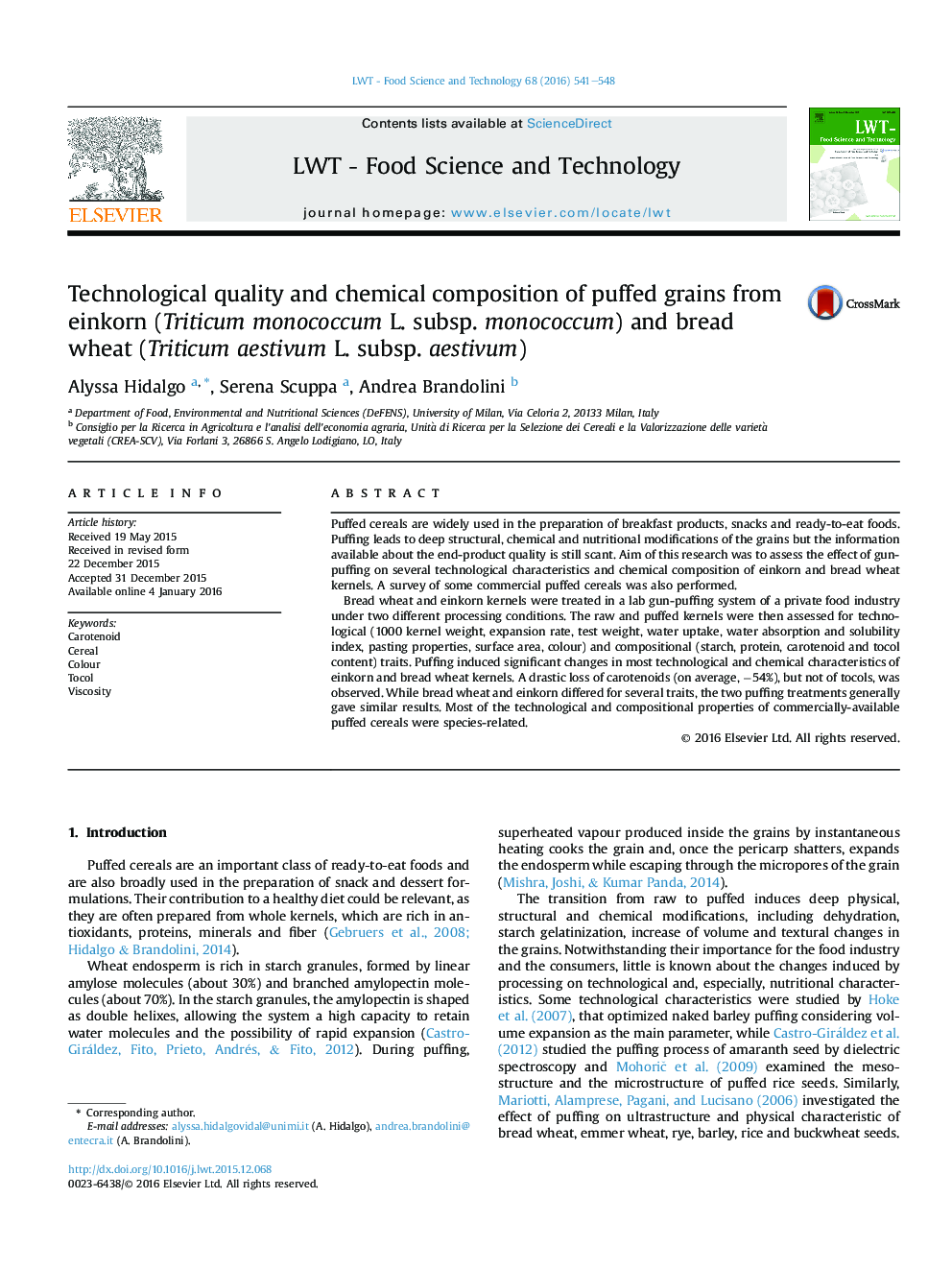 Technological quality and chemical composition of puffed grains from einkorn (Triticum monococcum L. subsp. monococcum) and bread wheat (Triticum aestivum L. subsp. aestivum)