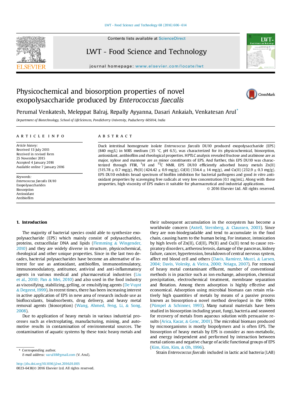 Physicochemical and biosorption properties of novel exopolysaccharide produced by Enterococcus faecalis